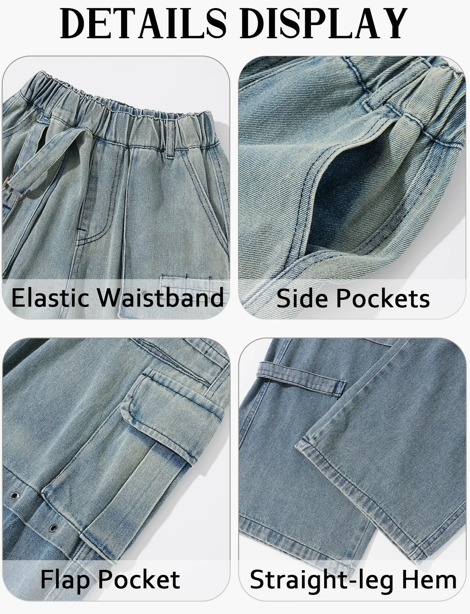 SEAUR Pantalones de mezclilla holgados para niños de 4 a 14 años, estilo cargo, pantalones holgados para adolescentes
