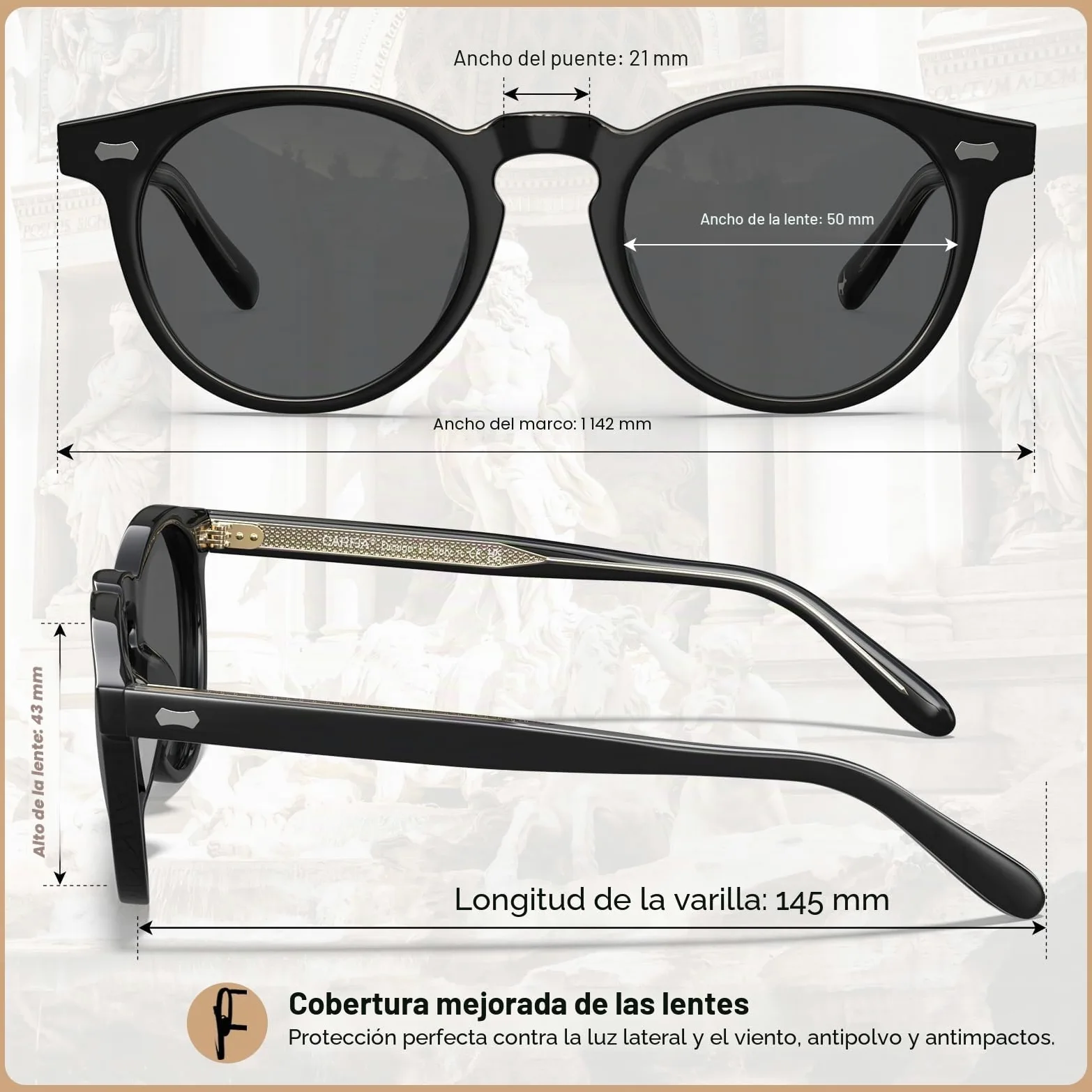 CARFIA Gafas de sol polarizadas para hombre, diseño redondo vintage de acetato, protección UV400 para conducir y viajar CA5506