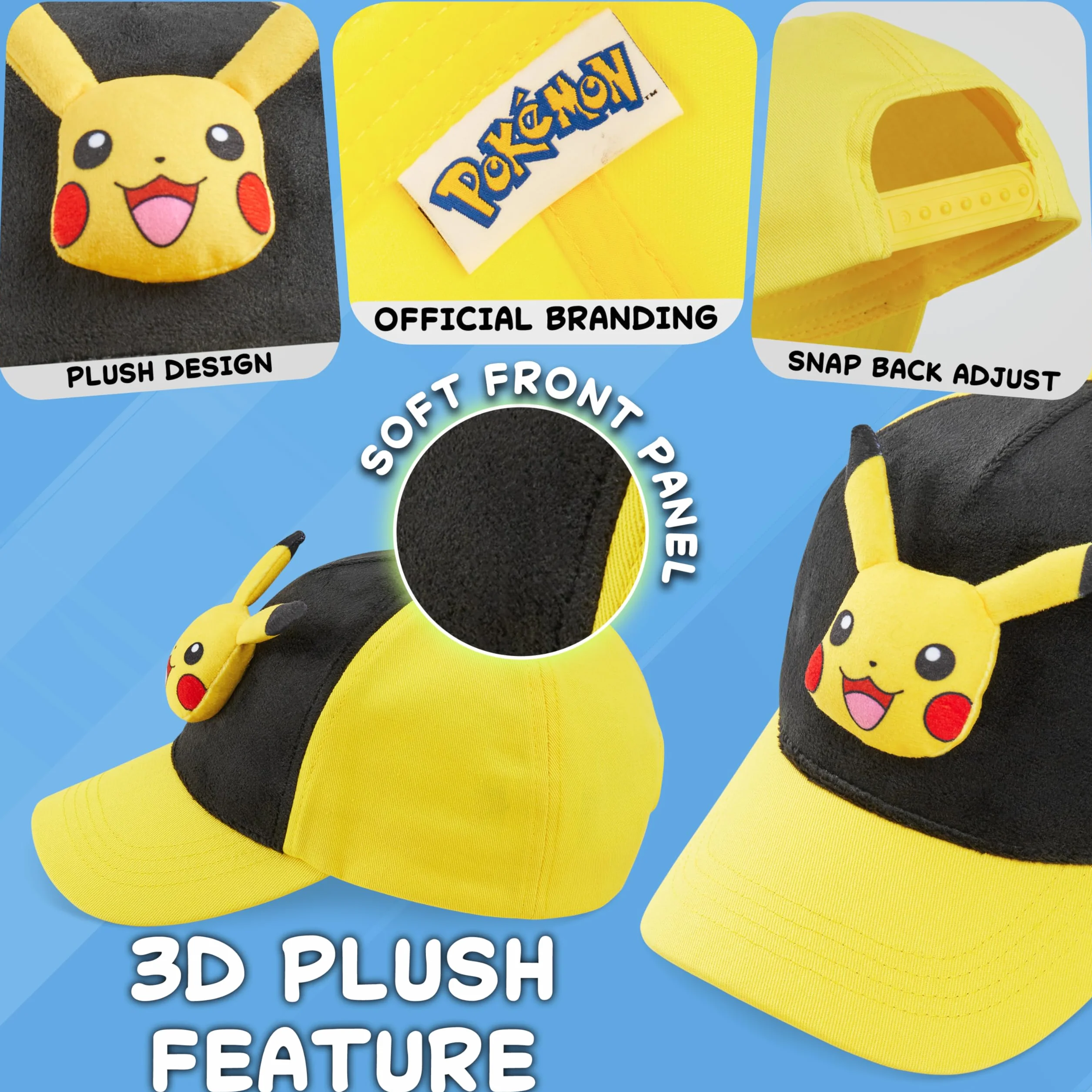 Pokémon Gorra Niño 3D Pikachu Bulbasaur, Anime Gorras Infantiles Ajustable Peluche Regalo
