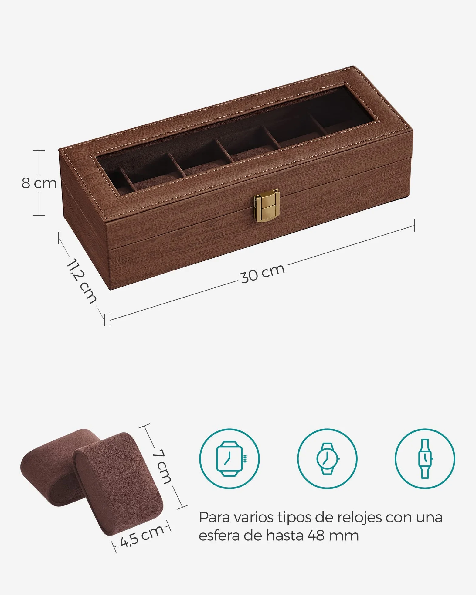 SONGMICS Caja de Relojes 6 Compartimentos, Estuche con Tapa de Cristal, Cuero Sintético Marrón JWB006K01