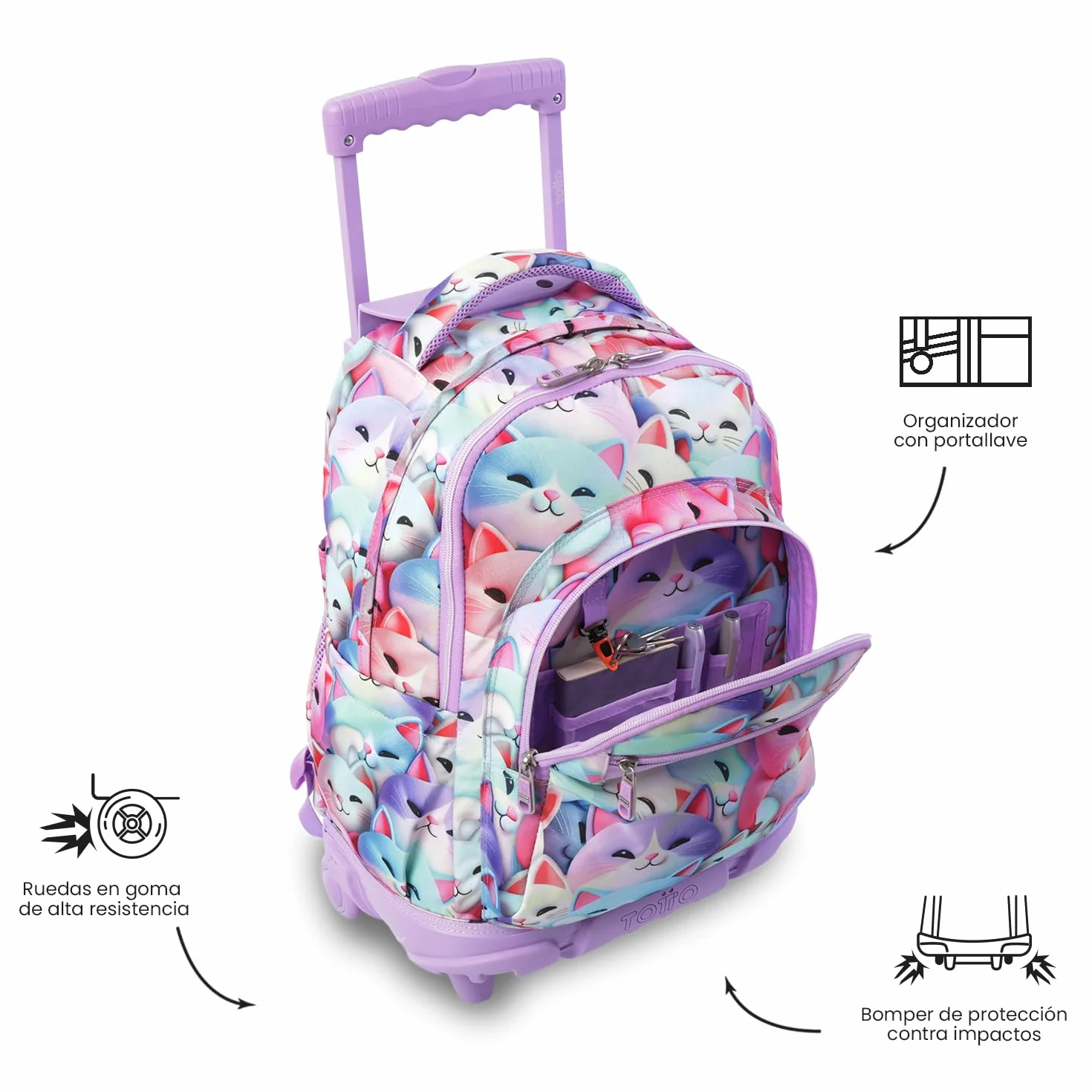 TOTTO Mochila Escolar con Ruedas Renglones 26,21 Litros Bolsillo PC 15,4" Resistente Estampado Mewsy 3D