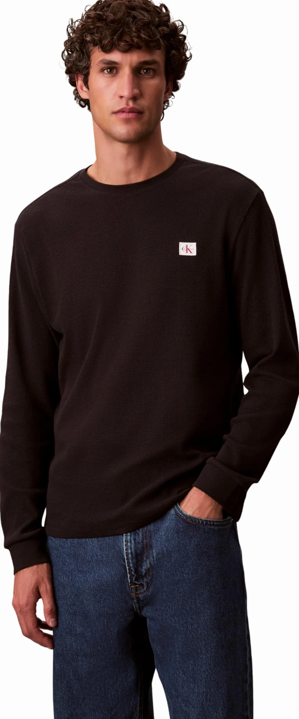 Calvin Klein Camiseta de Manga Larga Hombre Waffle Badge tee con Cuello Redondo