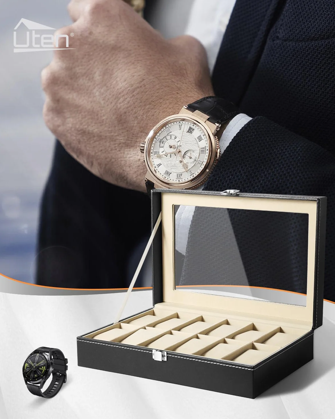 Uten Estuche para Relojes y Joyeros con 12 Rejillas, Forro de Terciopelo, Cubierta de Cristal