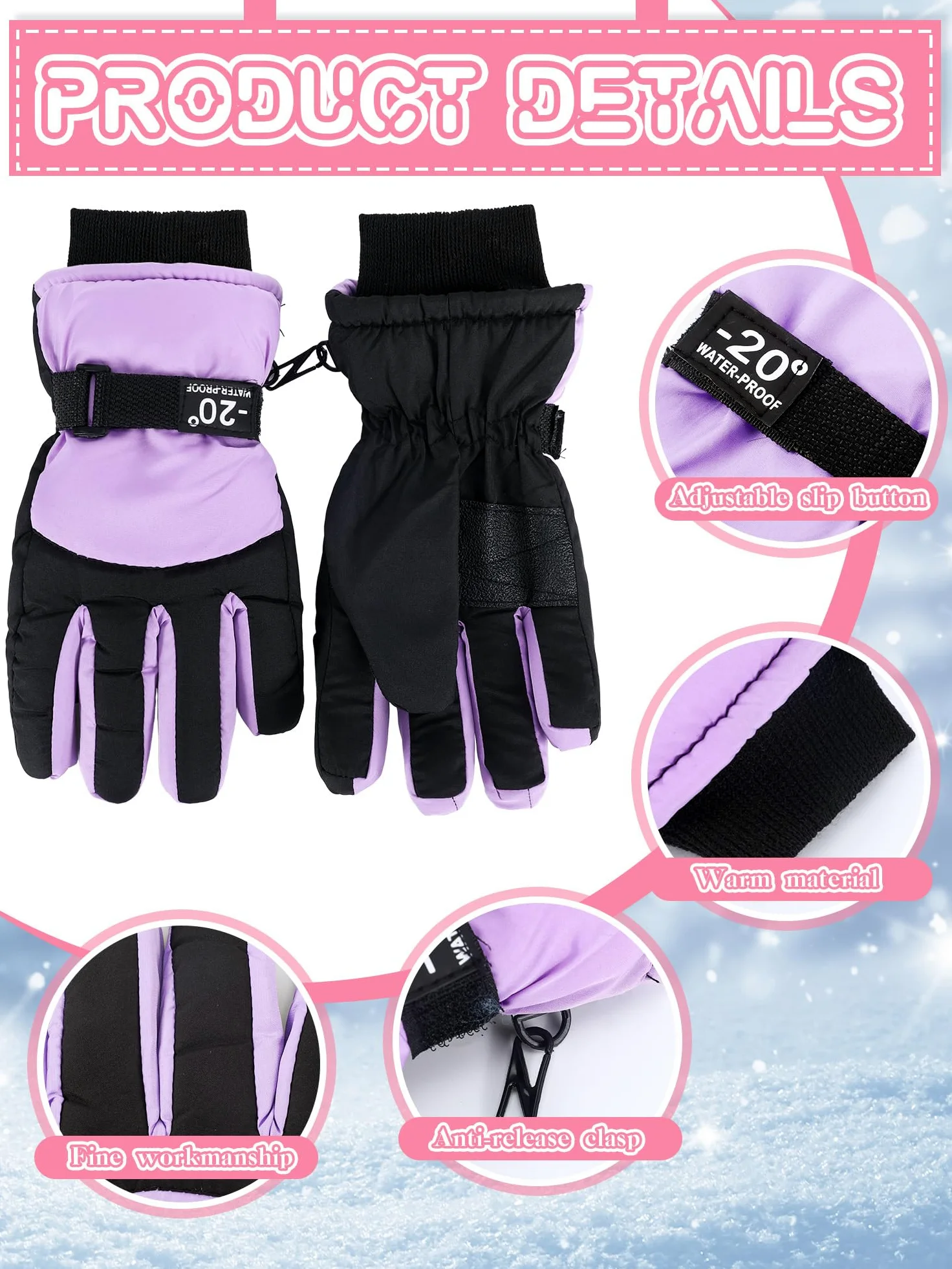 Bencailor 3 pares de guantes de invierno para niños, impermeables, para nieve, esquí, cálidos, resistentes al viento, guantes ajustables para niños y niñas al aire libre