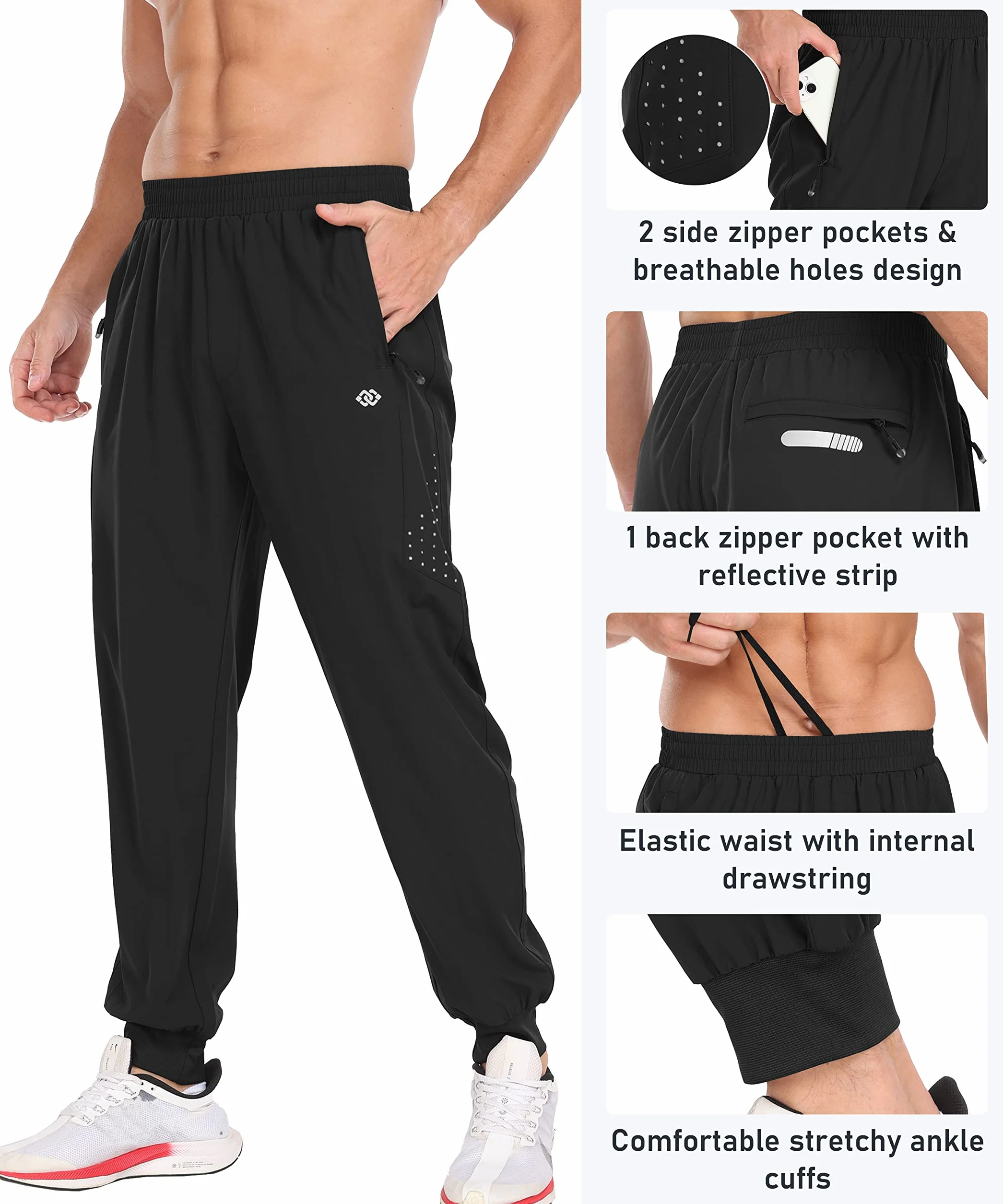 MoFiz Pantalones Deportivos Ligeros Hombre Pantalón Largo Secado Rápido Jogger con Bolsillos Cremallera