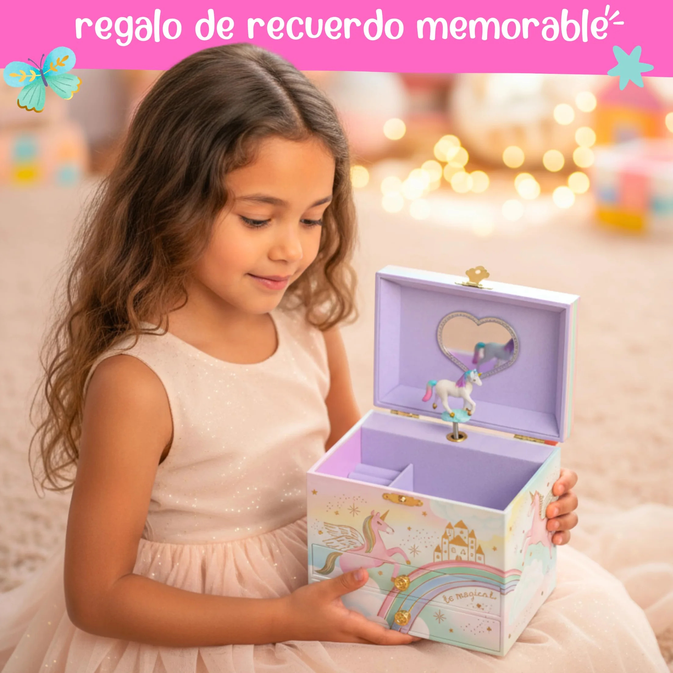 Giggle & Honey Joyero Musical Grande de Unicornio con Dos Cajones para Niñas - Caja de Música Infantil con Espejo