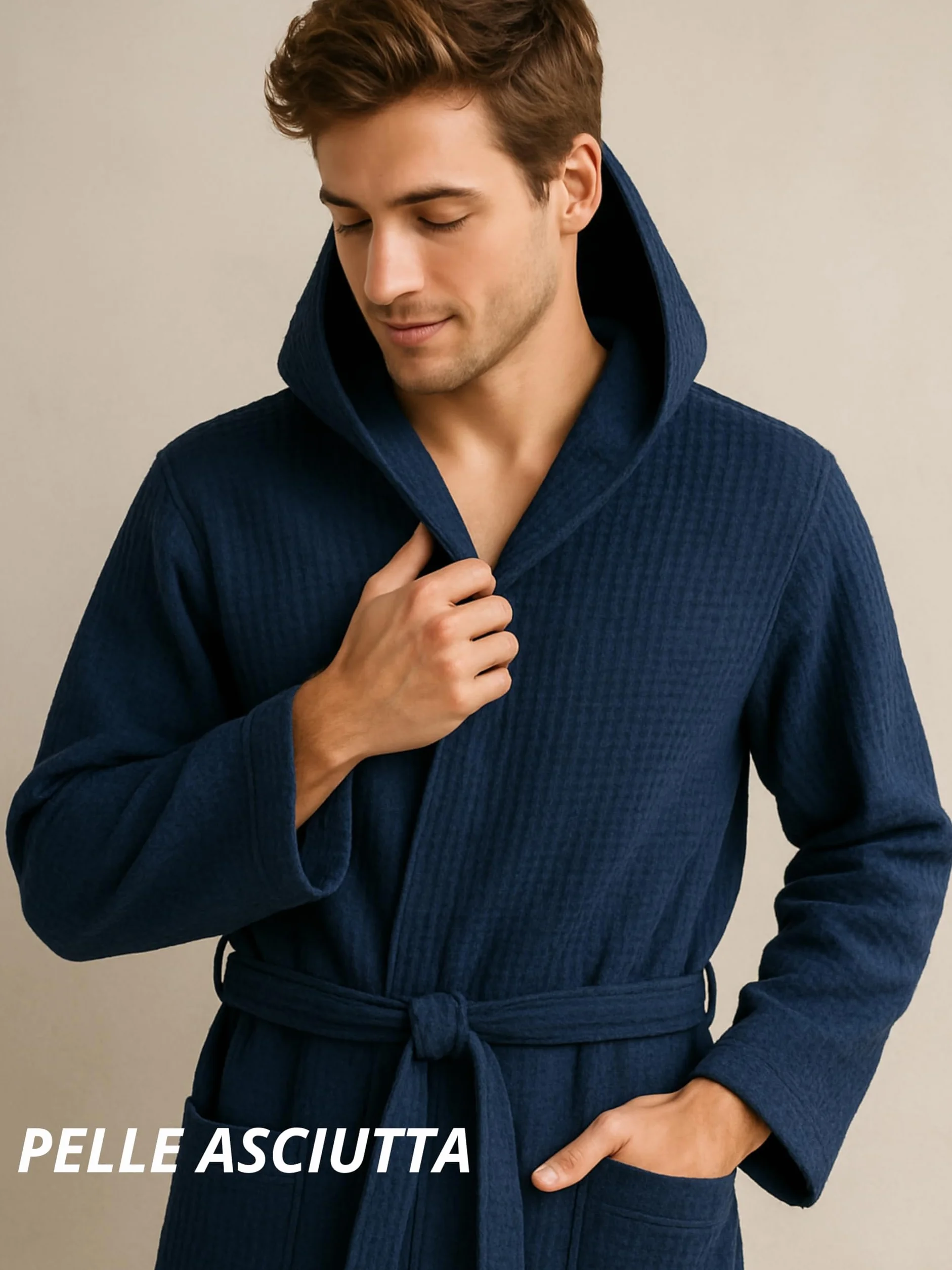 Albornoz nido de abeja para mujer y hombre de algodón con capucha, bolsillos y cinturón, ligero S-XXXL