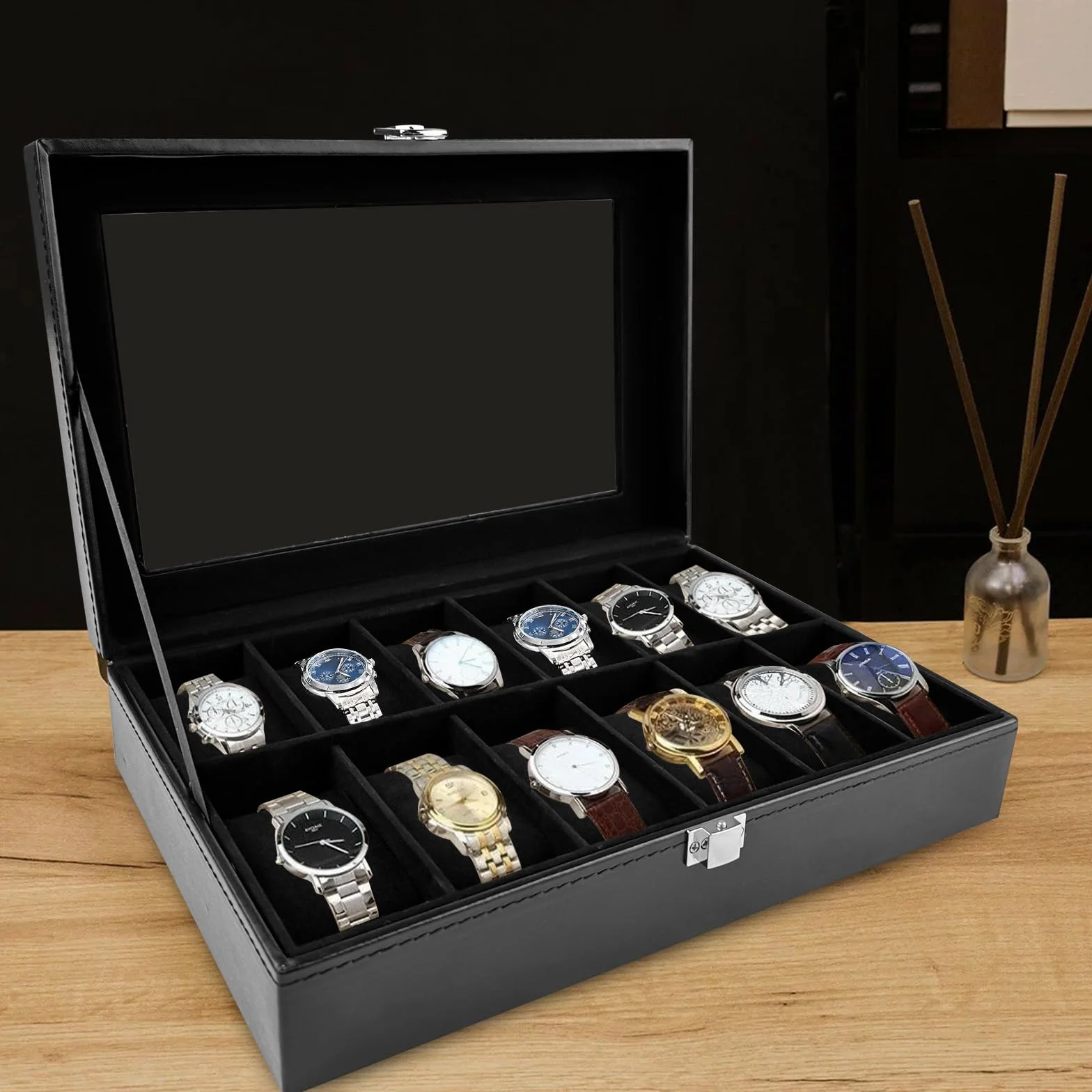 Caja de Relojes con 12 Compartimentos, Soporte de Exhibición con Tapa de Cristal, Almohadilla Extraíble