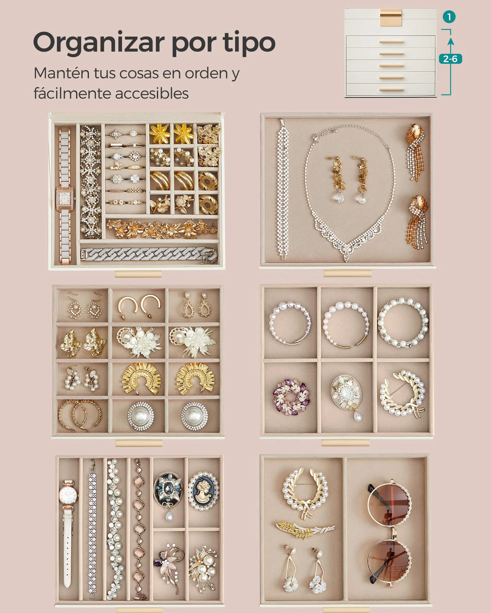 SONGMICS GISELLA Caja de Joyas 6 Niveles 5 Cajones 20,3x23,1x22,8 cm Blanco Nube y Dorado