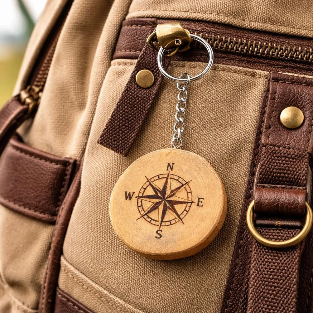 Promotech Llavero de madera con brújula grabado láser regalo viaje orientación aventura
