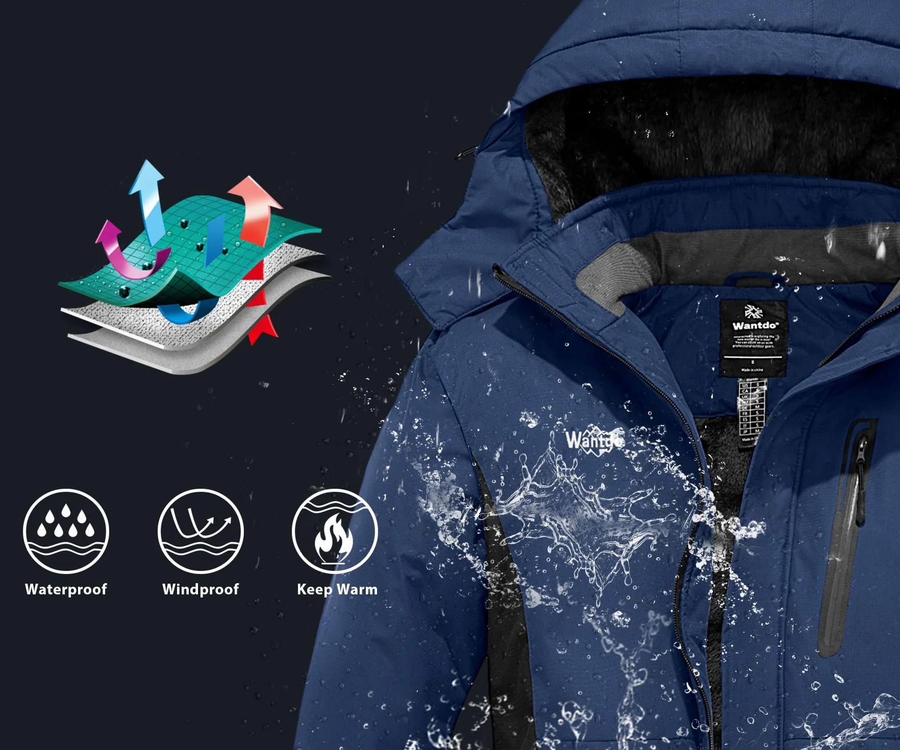 Wantdo Chaqueta de Esquí Impermeable Montaña Aislada con Vellón Cálida Invierno Snowboard Parka Nieve Capucha Hombre Azul Oscuro Large