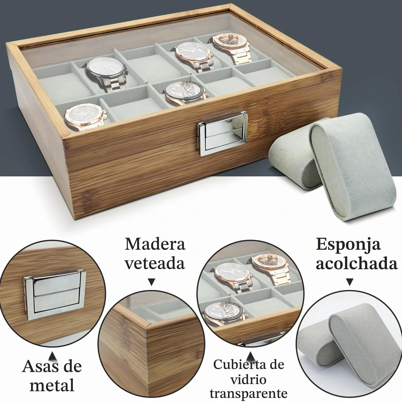 Caja Relojes de Madera con Almohada Extraíble, Estuche Relojero Organizador para Hombre 10 Ranuras