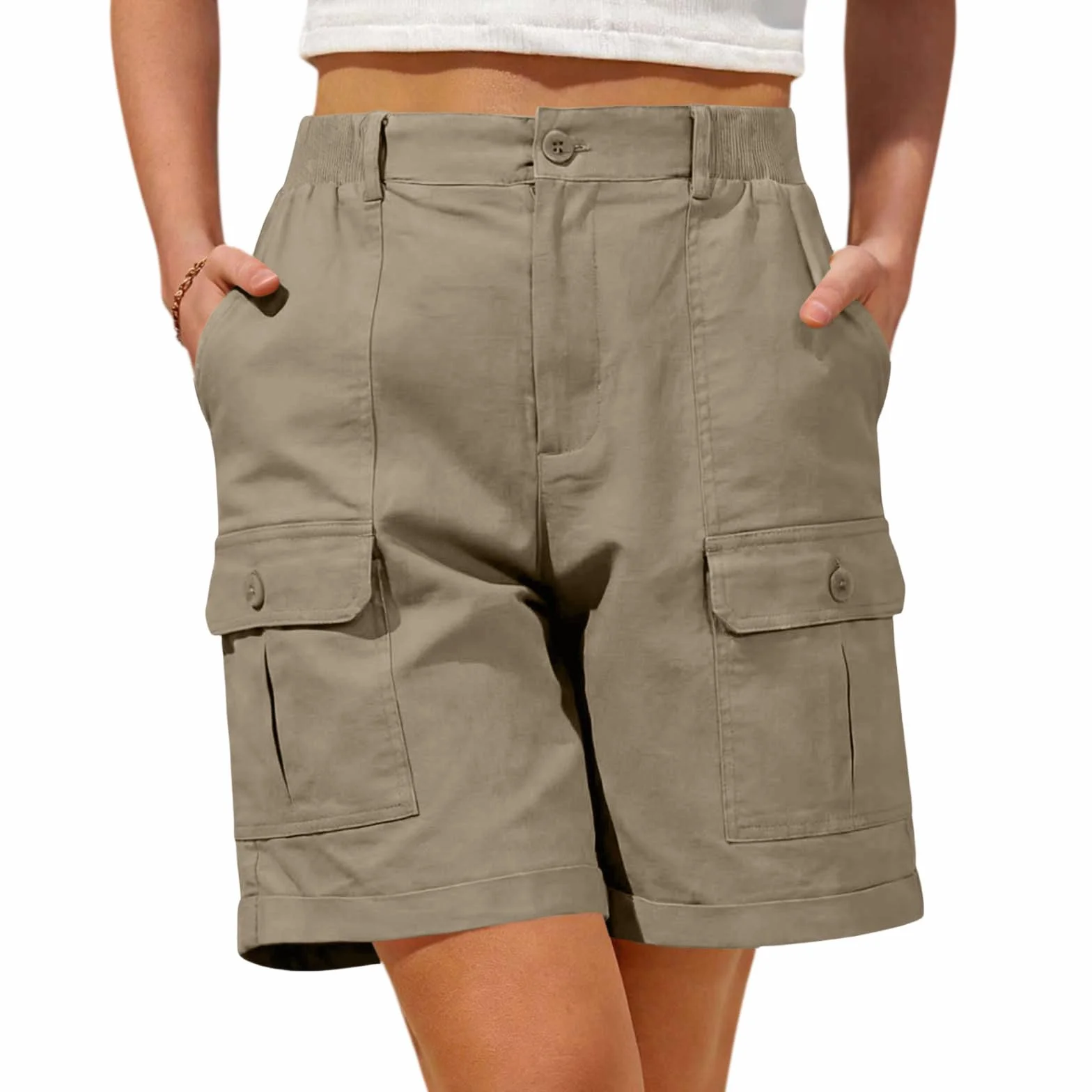 Pantalones Cortos Cargo para Mujer Bermuda Casual Verano Bolsillos Botones Pierna Ancha Cintura Alta Secado Rápido