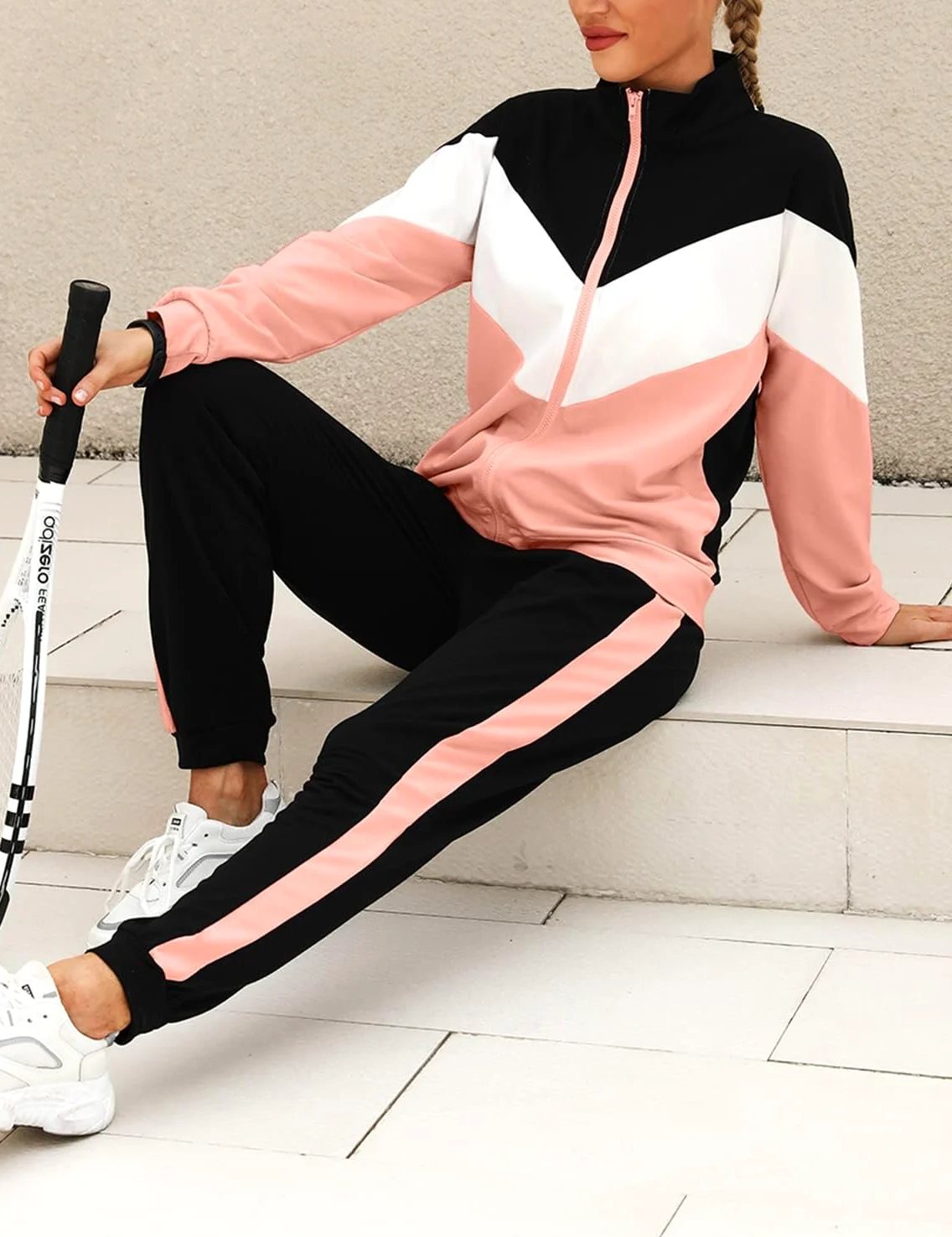 Marvmys Conjunto Chándal Mujer Contraste Conjuntos Deportivo | Otoño Invierno Top Manga Larga con Cremallera y Pantalones Deportivos S-XXL