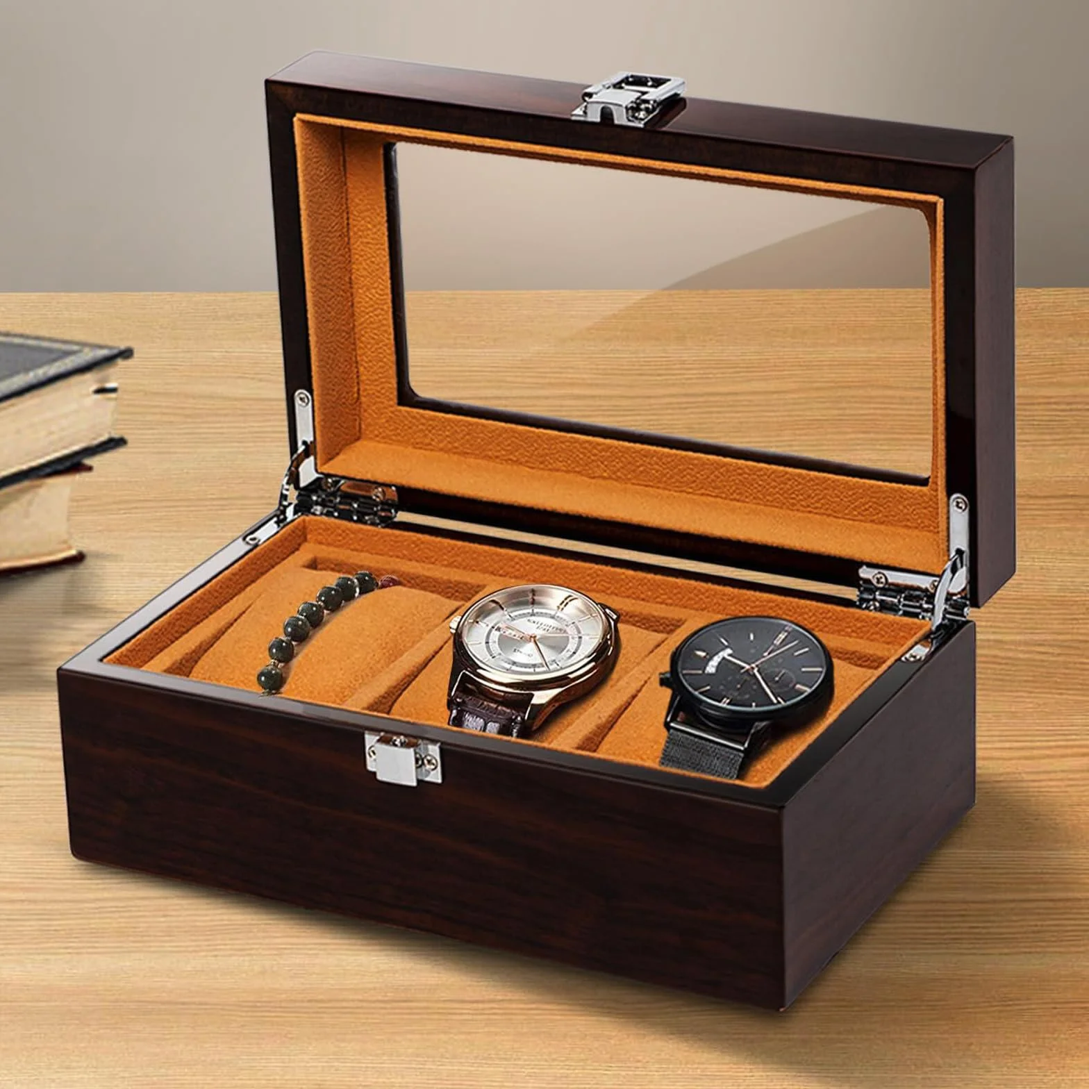 Caja de Relojes de Madera con 3 Compartimentos, Tapa de Cristal, Cierre Metálico, Almohadas Extraíbles, Marrón Rojo