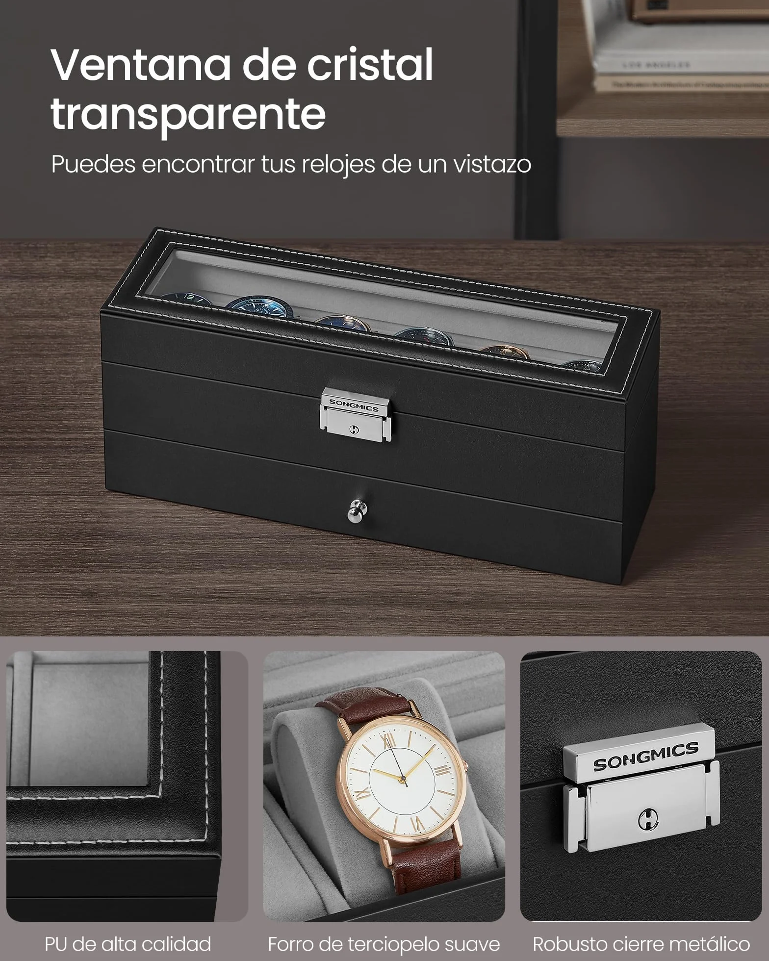 SONGMICS Caja de Reloj 2 Niveles para 6 Relojes, Estuche con Tapa de Cristal y Cerradura, PU Negro