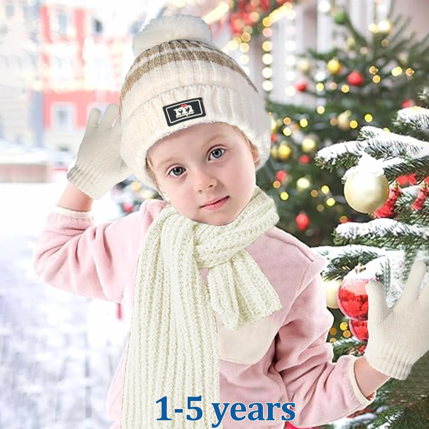 JFAN 3in1 Conjunto de Gorro Guantes y Bufanda de Invierno para Niños Térmico con Pompon Chenille 1-5 Años