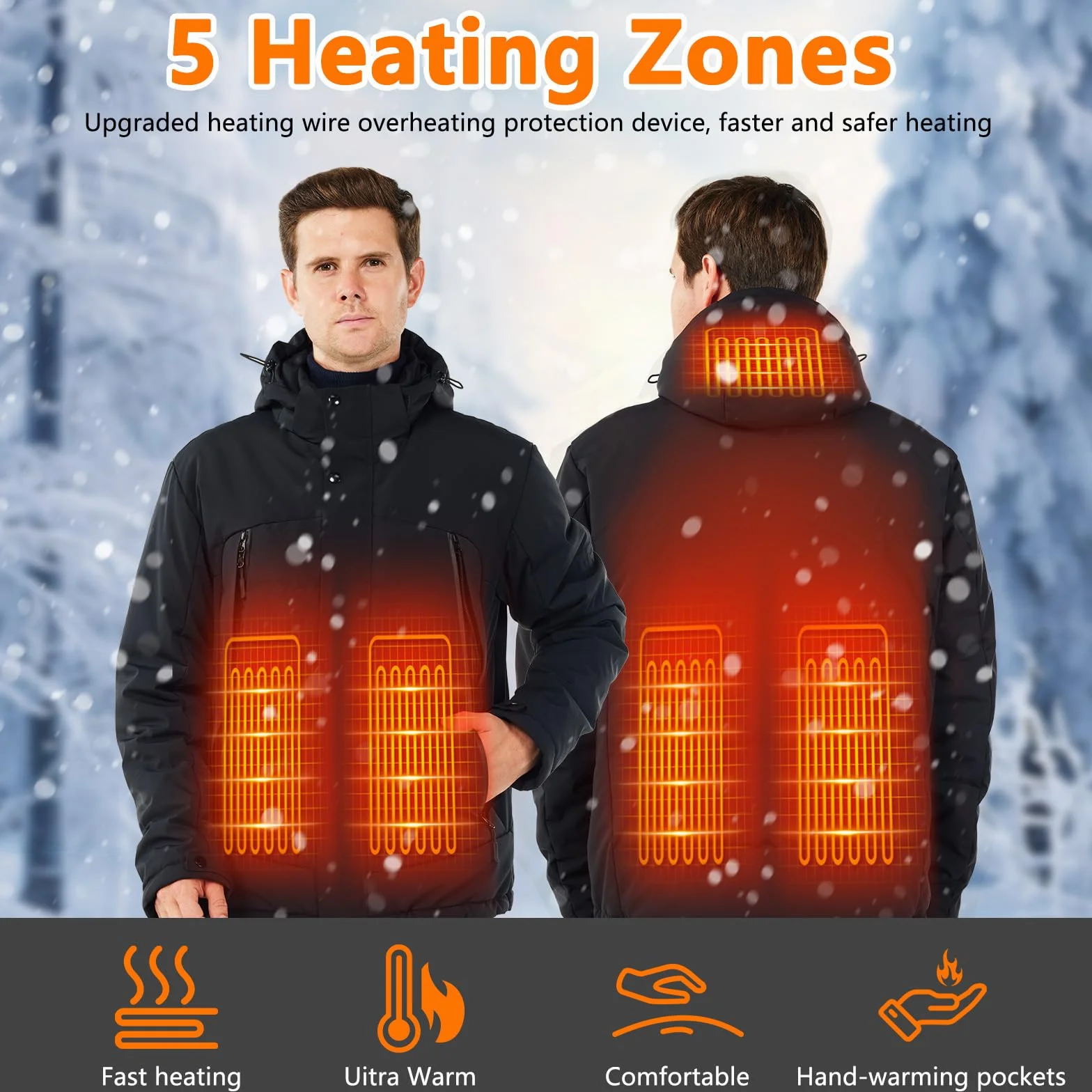 Chaqueta Calefactable Impermeable con Capucha para Hombres y Mujeres