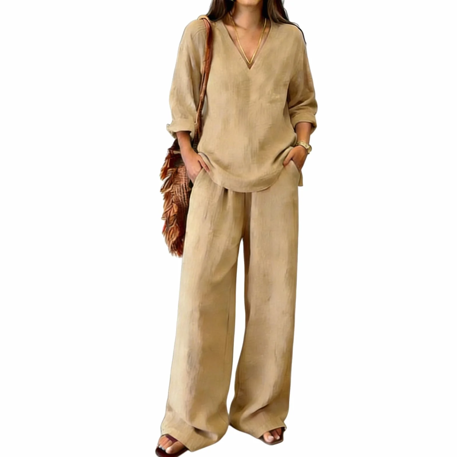 Genérico Conjunto Lino Mujer Verano 2 Piezas Sueltas Algodón y Lino Traje de Primavera Ligero Chándal Blusa Manga Larga Pantalones Moda Tallas Grandes Ropa de Playa Vacaciones Deportivo Casa Trabajo
