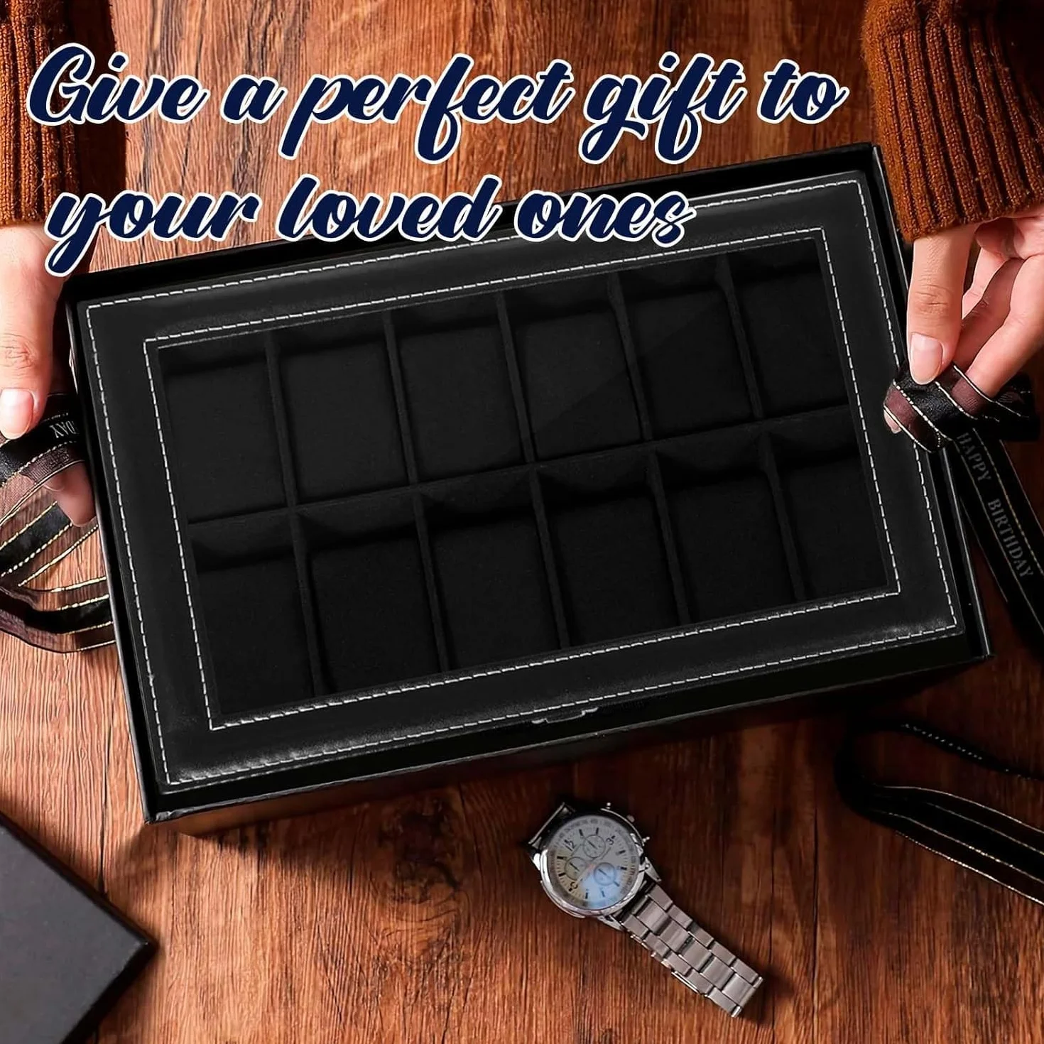 Caja de Relojes con Tapa de Cristal y Cojín Extraíble 12 Ranuras Organizador