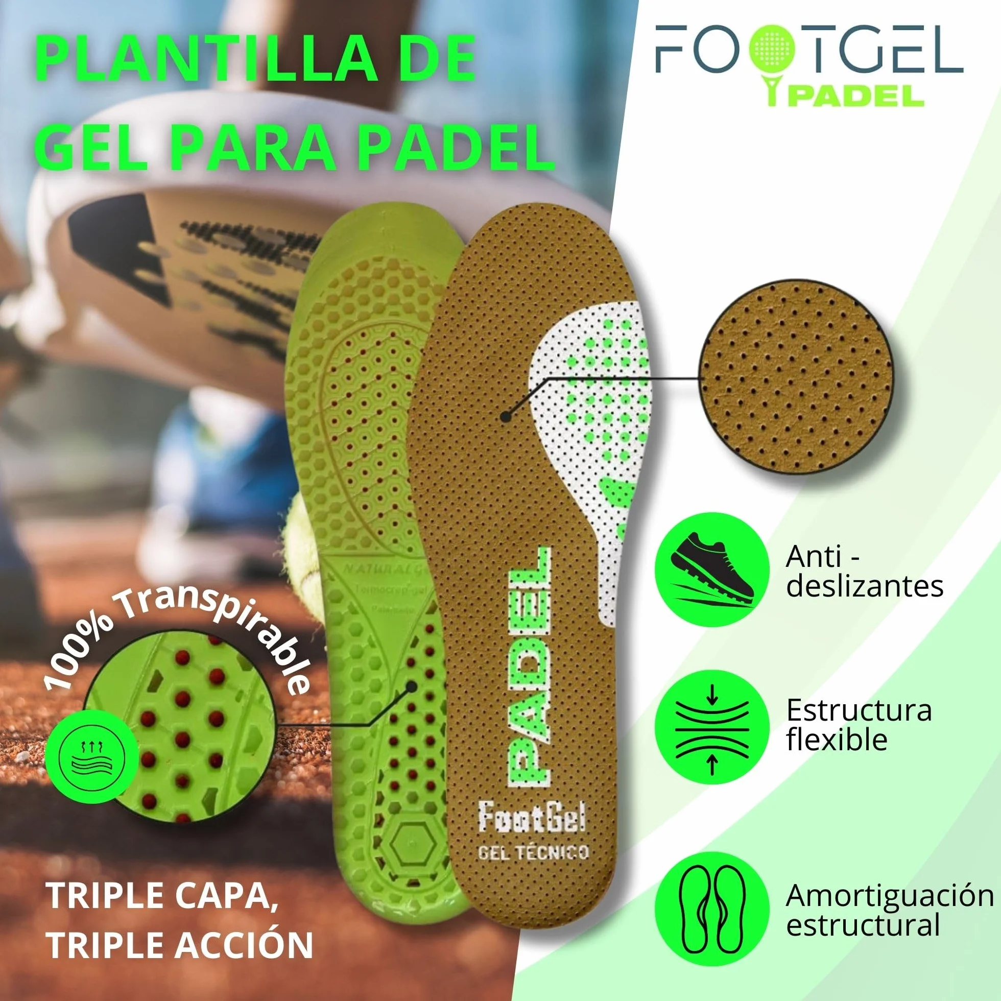 Plantillas Padel Gel Deportivas Transpirables Estabilizadoras Tallas 43-47
