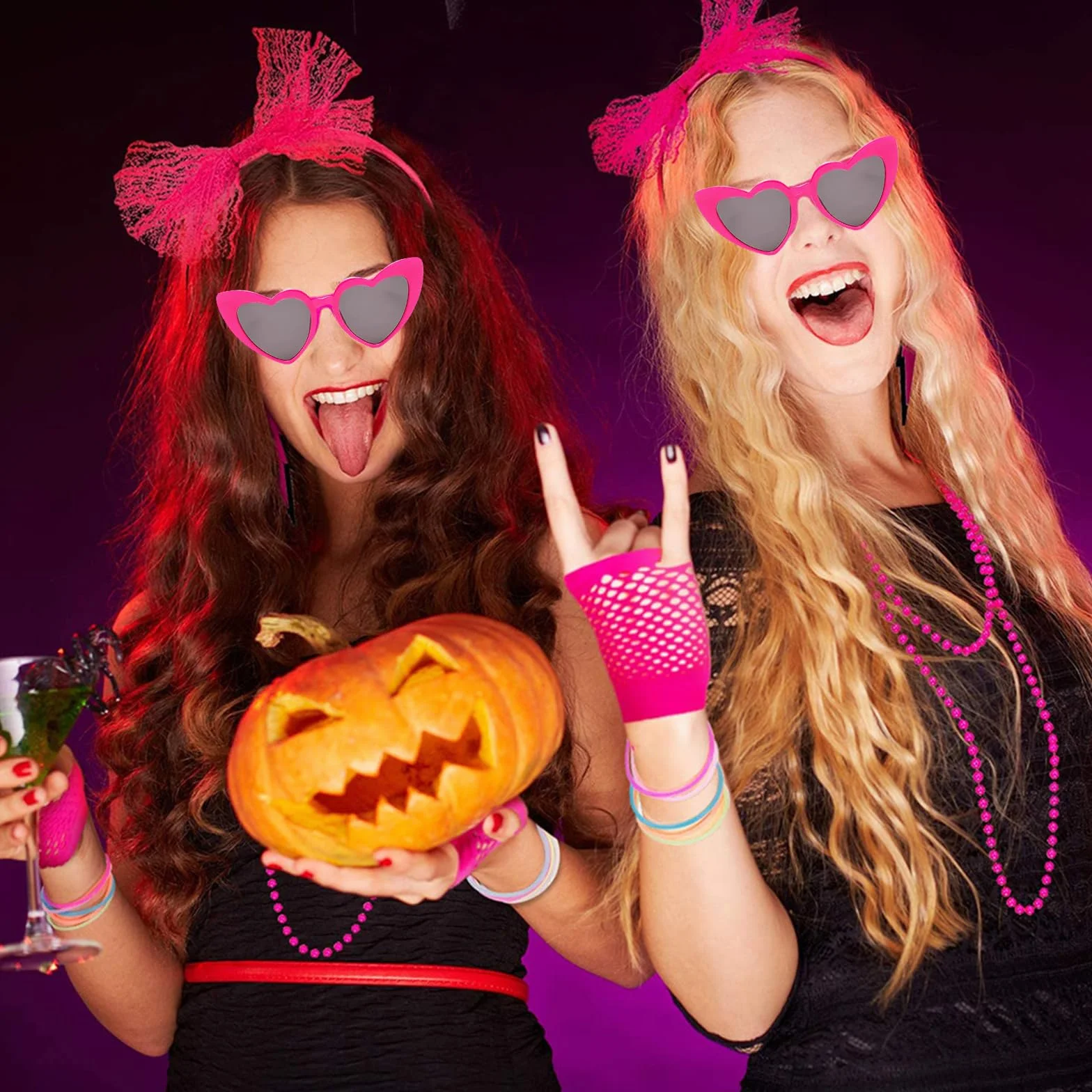 Accesorios Disfraz Años 80 Mujer, Guantes Rejilla Riñonera Gafas Corazón Retro Fiestas Neón Carnaval Halloween Rosa