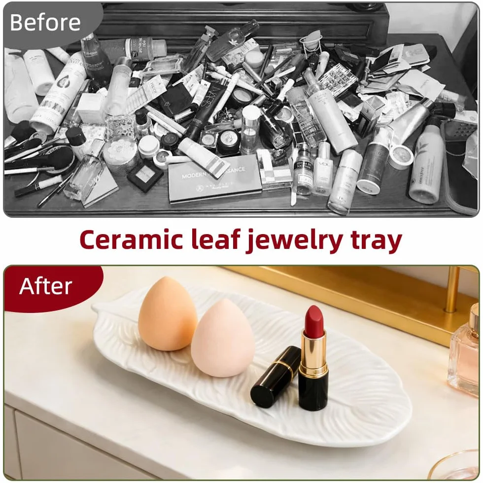 Plato de Joyería de Cerámica Diseño de Pluma,Almacén de Joyería de Cerámica Blanco para Pulseras,Anillos y Joyas,Decoración para Vanity,Baño y Salón 21,5x8,3x1,7cm
