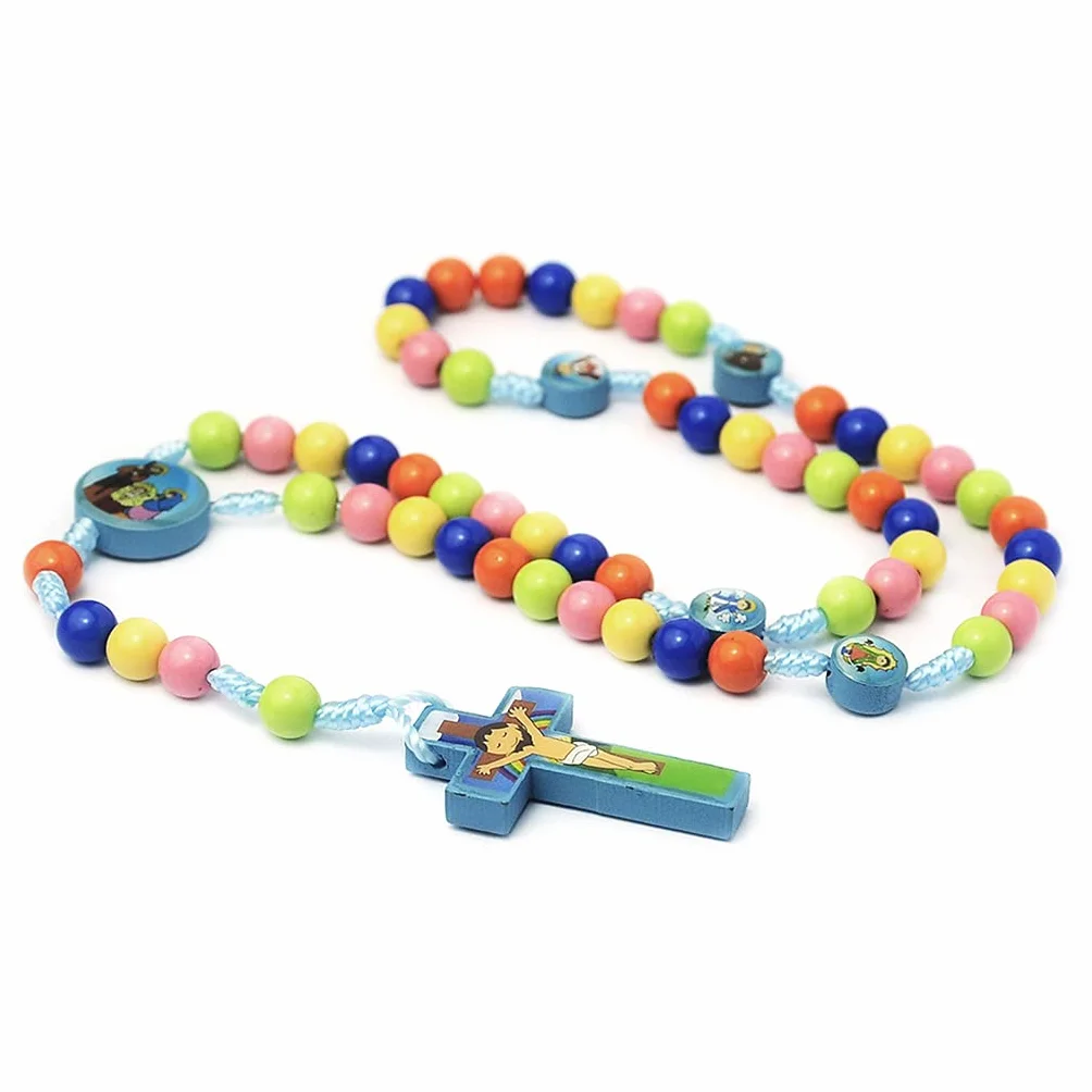 Kimu Collar de rosario con colgante de cruz de Jesús, joyería religiosa para niños y niñas, 8mm, Madera, Perla