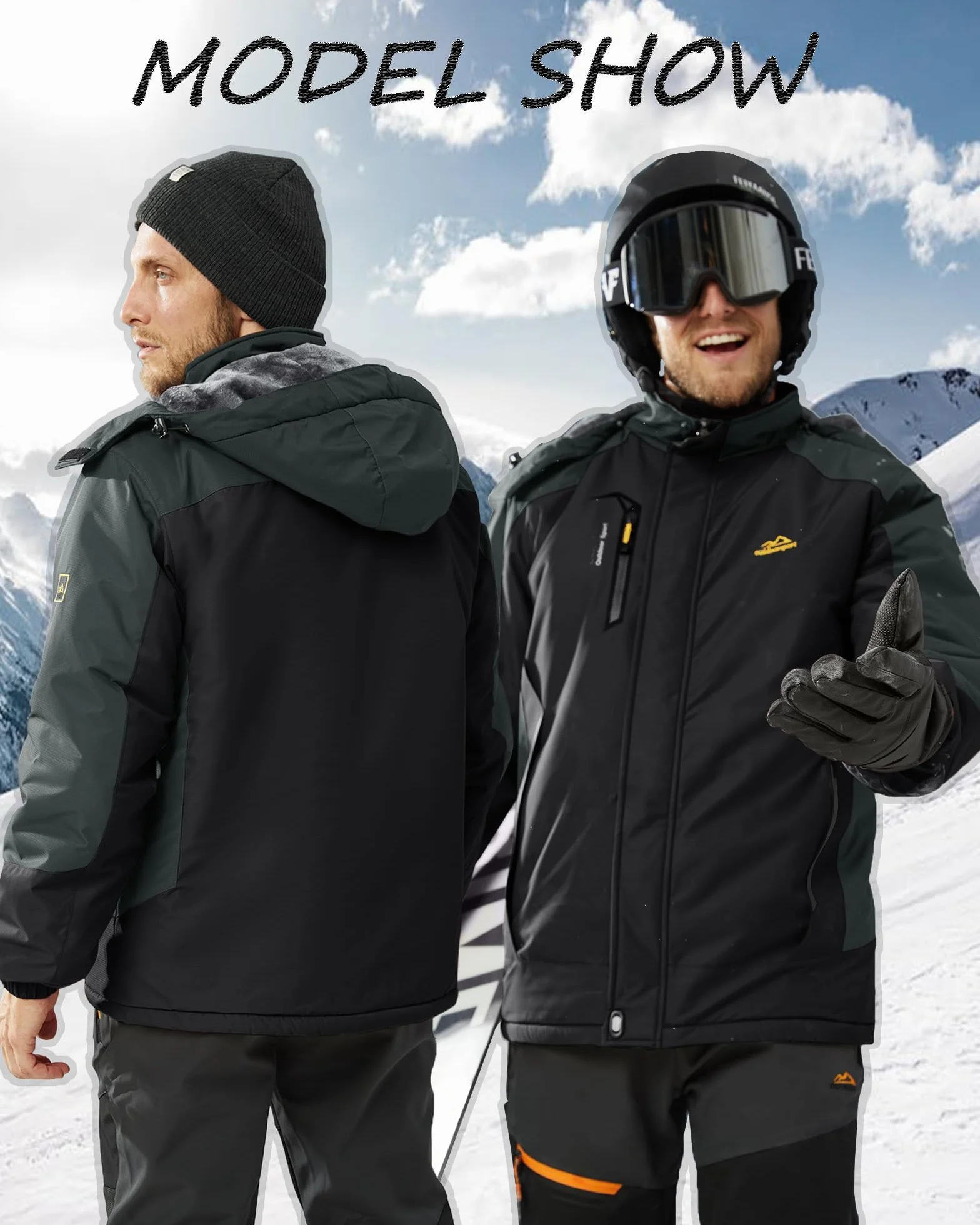Chaqueta Invierno Hombre Impermeable Esquí con Forro Cálido y Capucha Extraíble