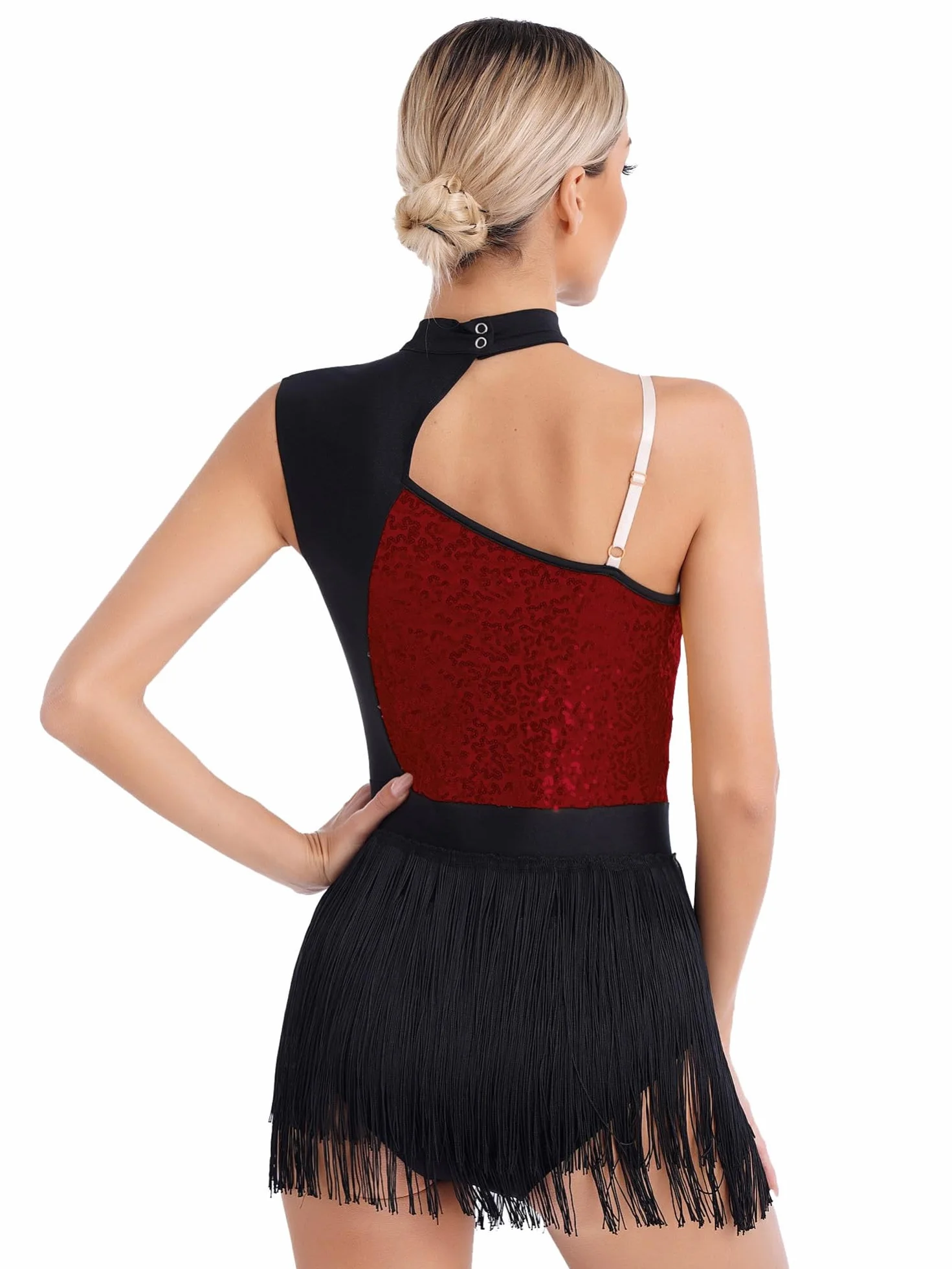 IEFIEL Vestido de Danza Lentejuelas con Flecos sin Manga para Mujer Maillot de Baile Latino Tango S-XXL