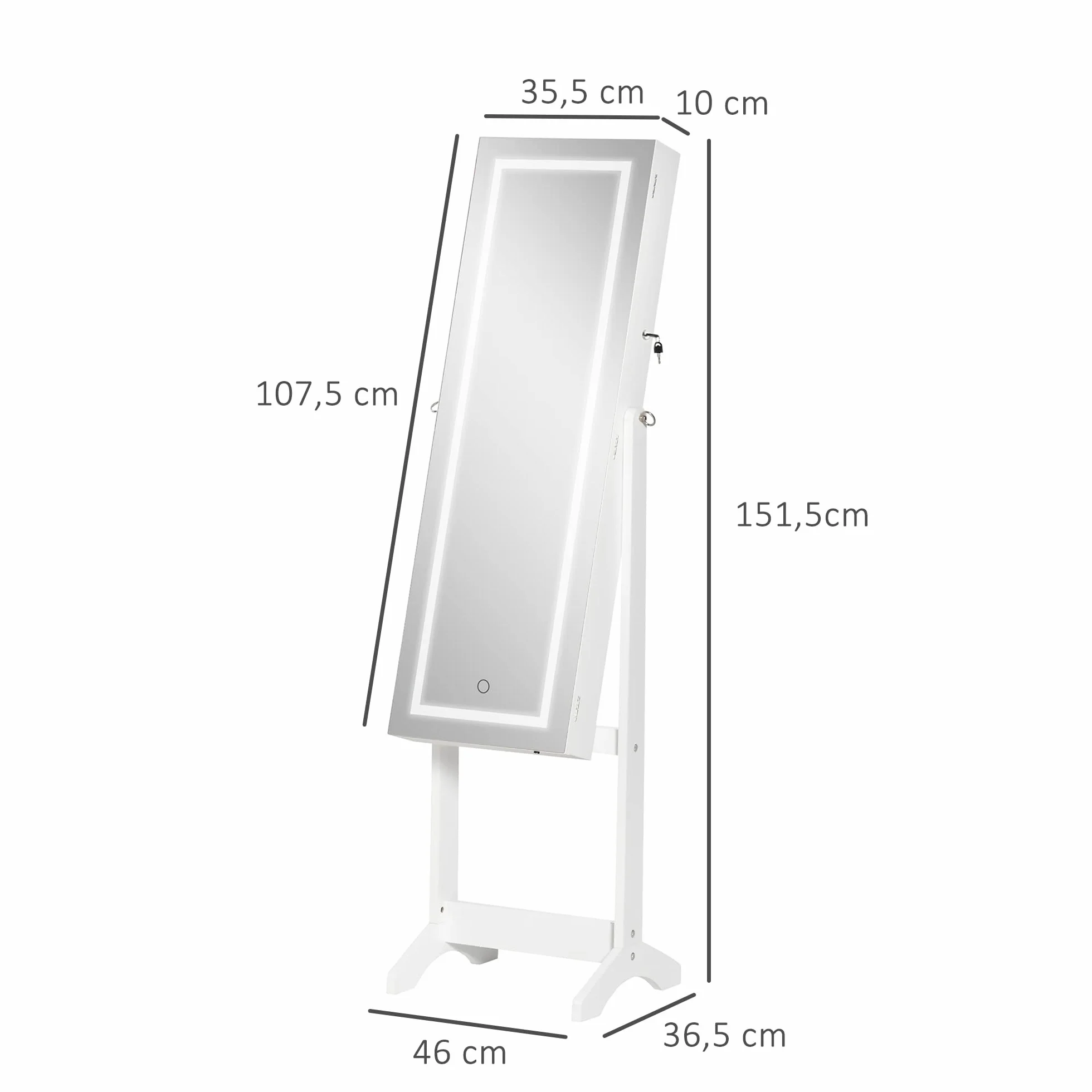 HOMCOM Espejo Joyero con Luces LED, Armario de Pie, Cierre Magnético, Blanco y Forro Negro