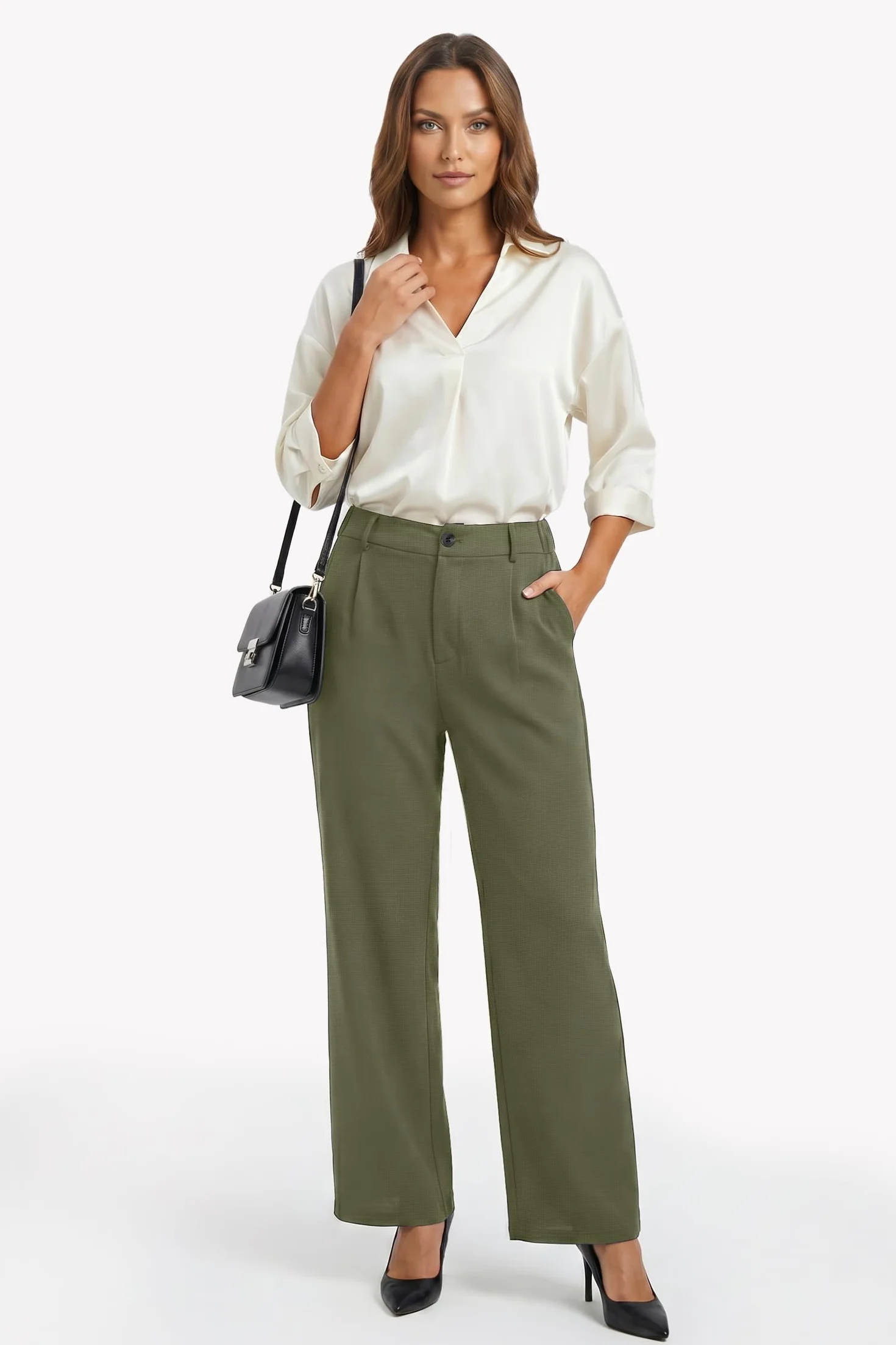 Enmain Pantalones Mujer Vestir Verano Cintura Alta Elástico Pierna Recta Ancha Antiarrugas Pantalon Palazzo Fluido Largo