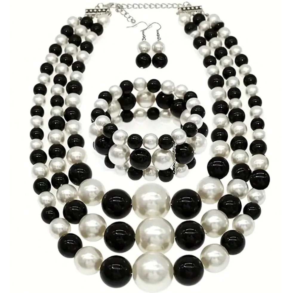MOCHAMIK Conjunto de joyería de Perlas para Mujer: Collar, Pulsera y aretes con Cuentas en de 3 Piezas, Elegante joyería de fantasía para Bodas, Fiestas y Eventos Formales