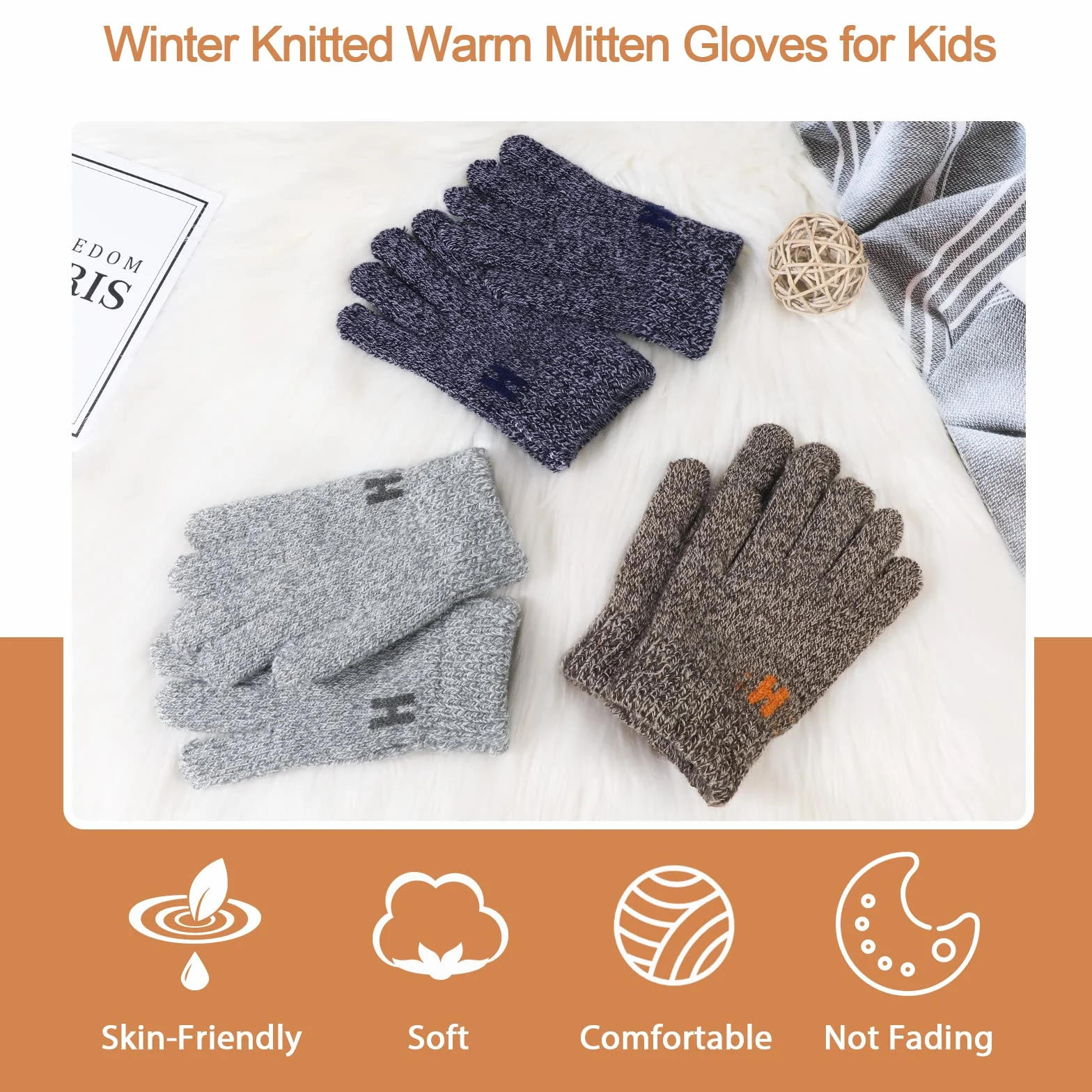 TAGVO Guantes de Invierno para Niños 3 Pares - Guantes de Punto Calientes Elásticos