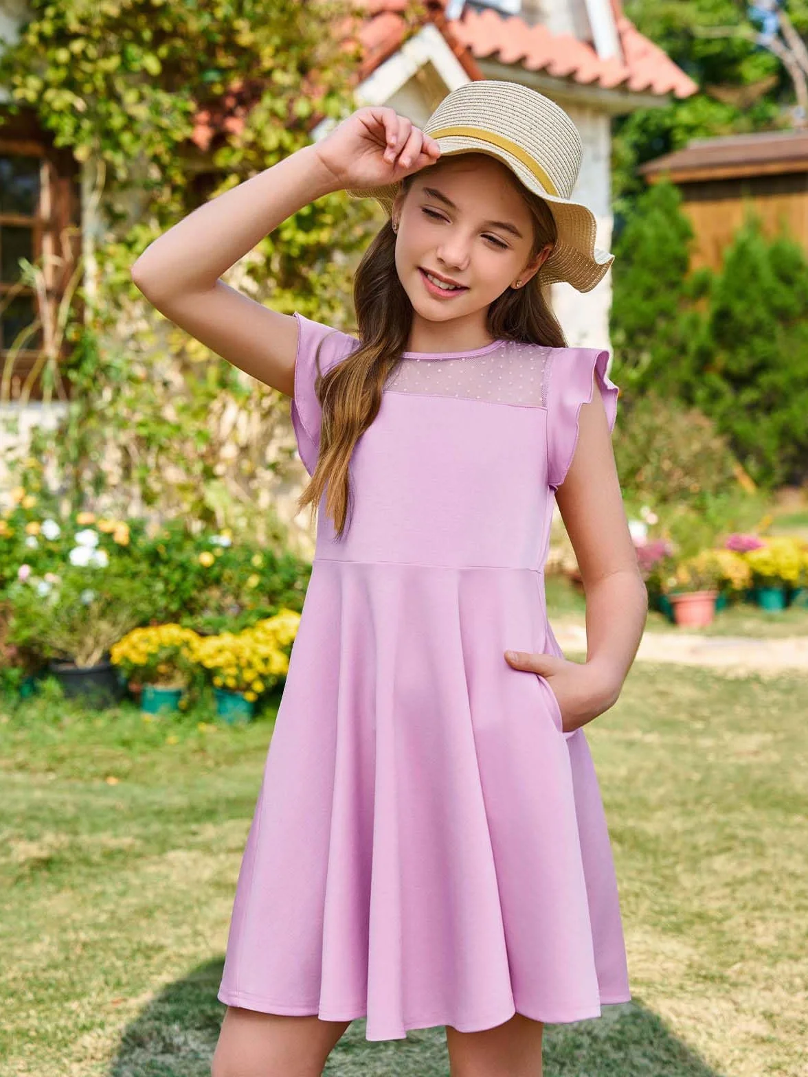 Vestido de niña con volantes princesa, vestido de fiesta de malla línea A, vestido de verano para boda