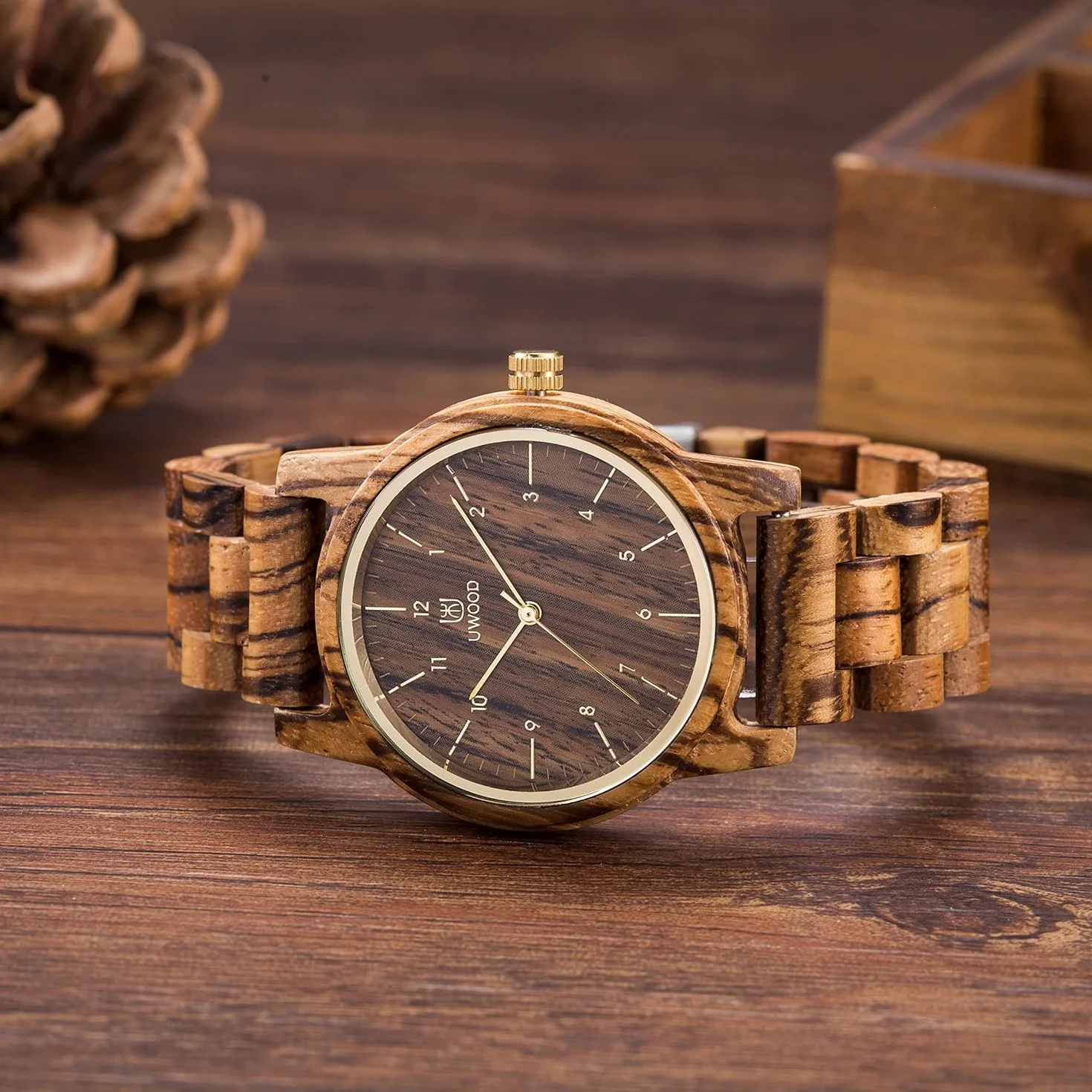 MUJUZE Reloj de Madera para Hombre, Movimiento japonés, Reloj analógico de Cuarzo con Pantalla de Fecha y Puntos Luminosos, Regalo para Hombre