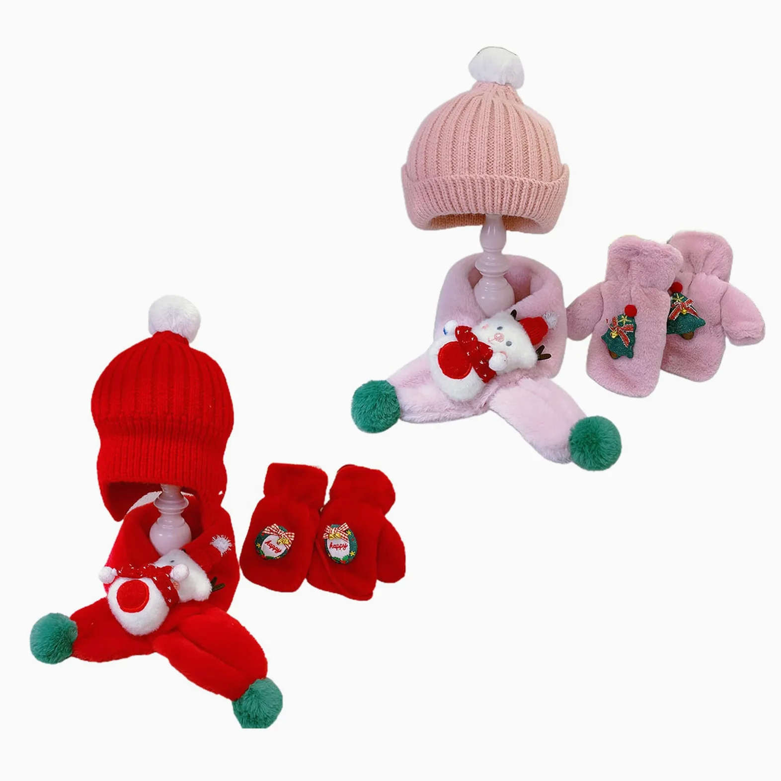 Gorros de Navidad de 2 a 8 años, bufanda, guantes, gorras de punto, gorro de pompón, gorro de Navidad, gorros para niños pequeños