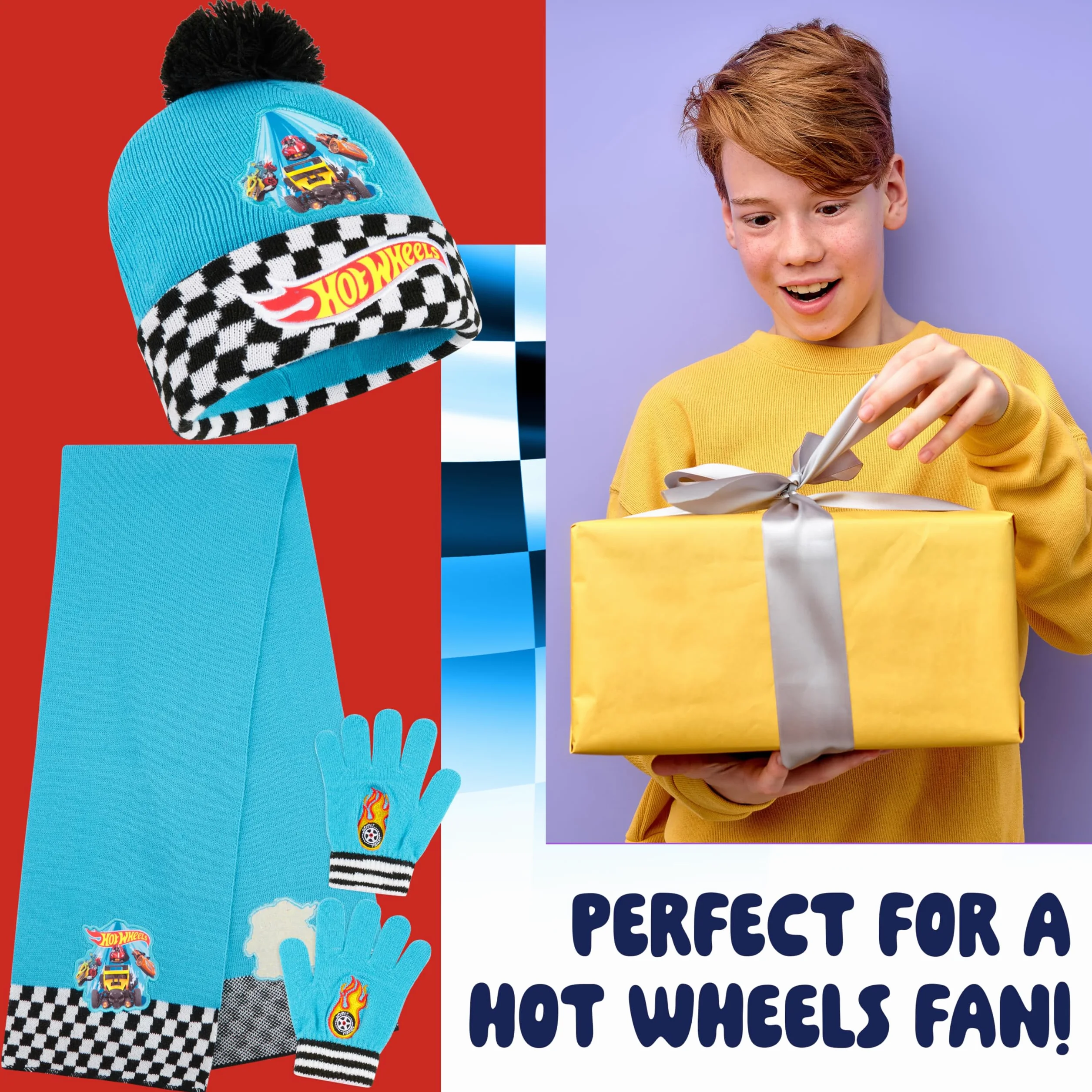Hot Wheels Set de Invierno 3 Piezas Gorro Pompón Bufanda Guantes para Niños