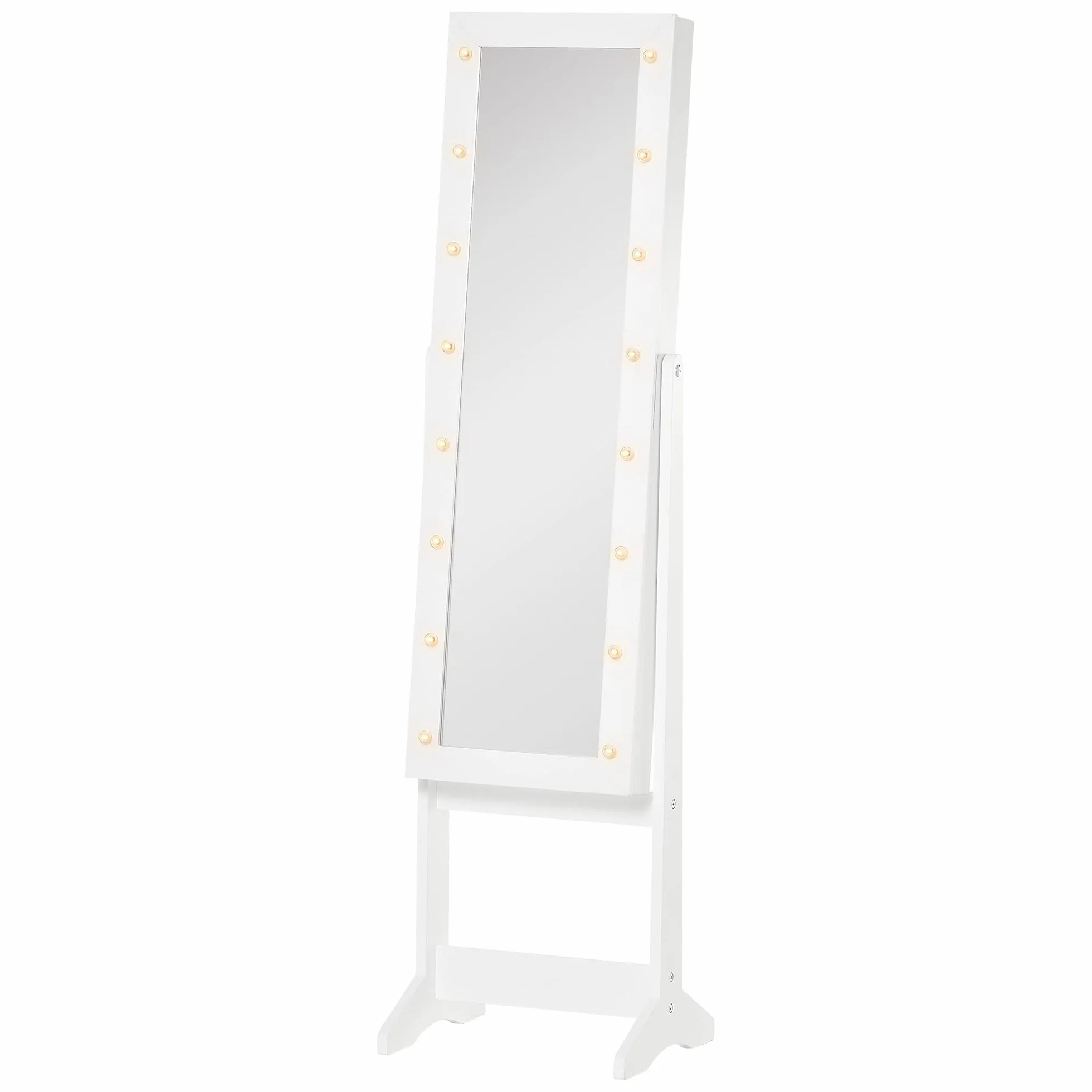 HOMCOM Espejo Joyero con Luces LED, Armario para Joyas, de Pie, Espejo Entero, Ángulo Ajustable, Blanco Cálido