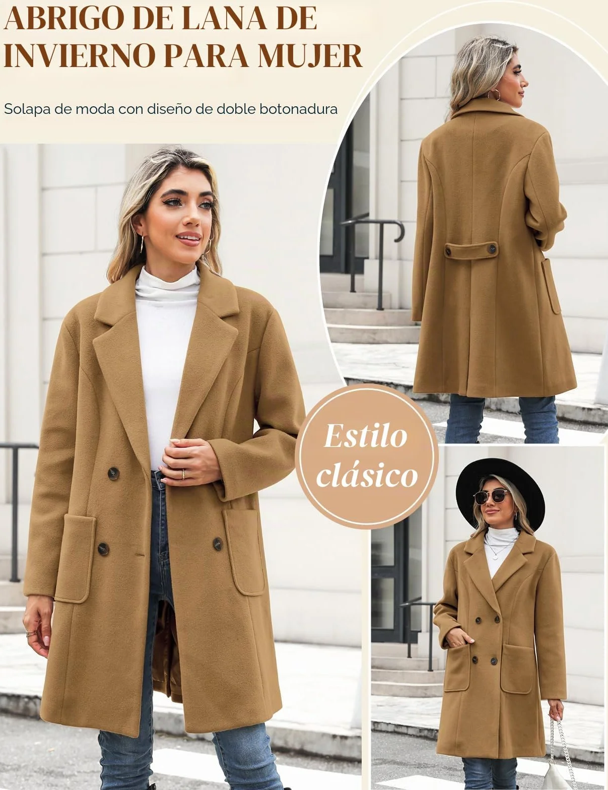 Yuson Abrigo Mujer Invierno Doble Botonadura Mezcla de Lana Grueso CáLido Cuello de Solapa Longitud Media