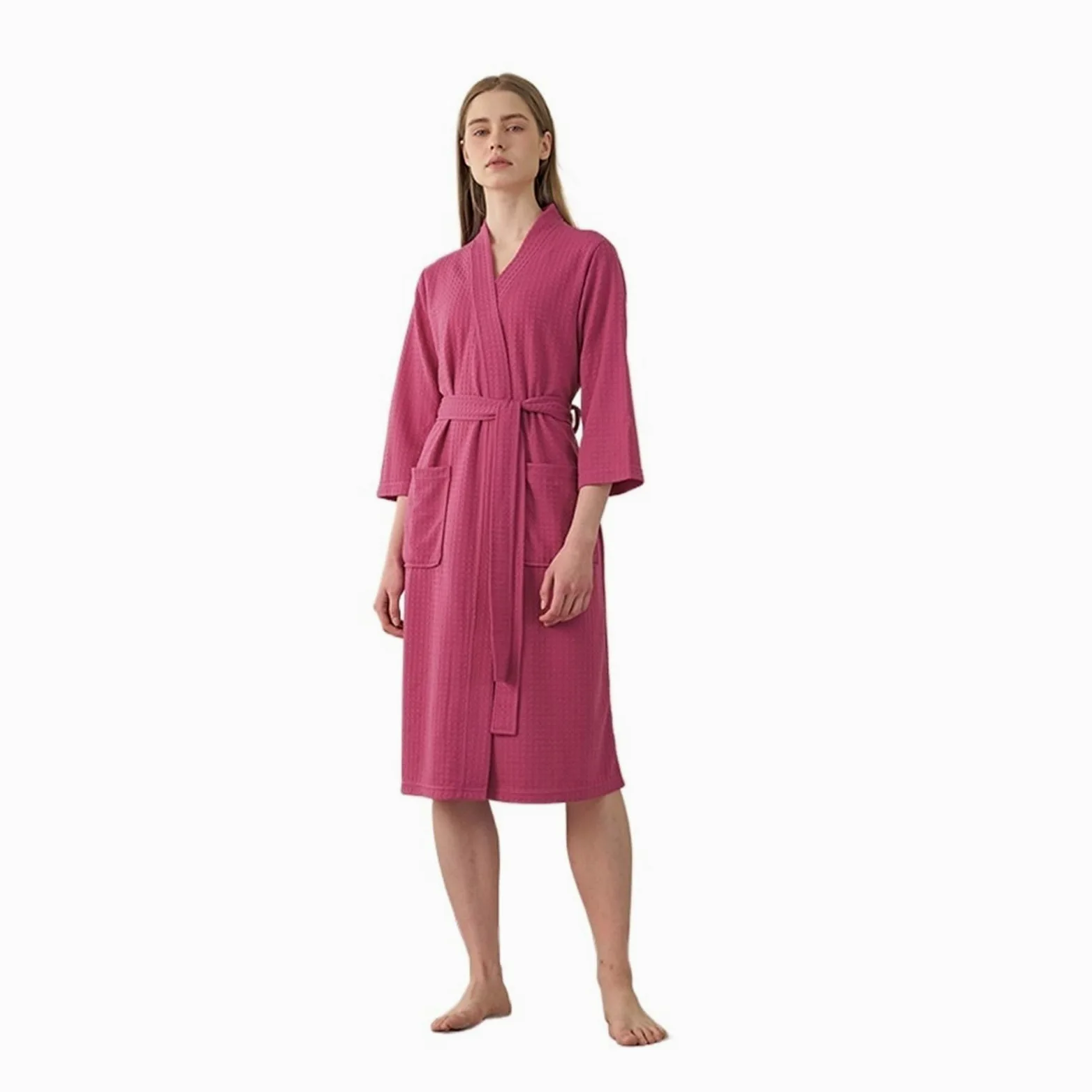 Albornoz Mujer Rizo Albornoz de verano fino y absorbente con diseño gofre for mujer hombre, camisón sencillo longitud media for, toalla baño transpirable