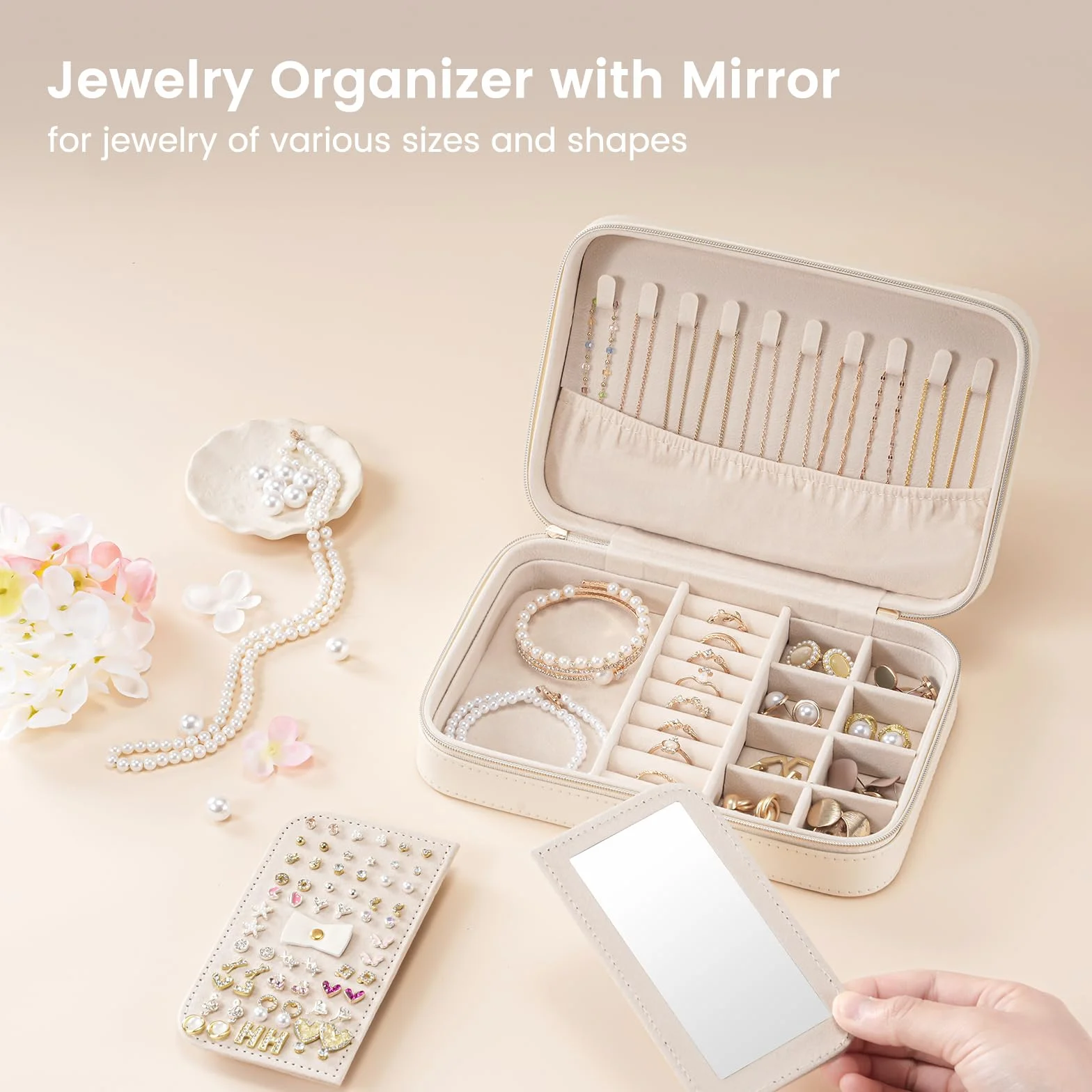 Lolalet Caja de Joyería de Viaje, Organizador Portátil de Piel Sintética con Espejo para Pendientes, Anillos, Collares y Pulseras, Tamaño M, Blanco