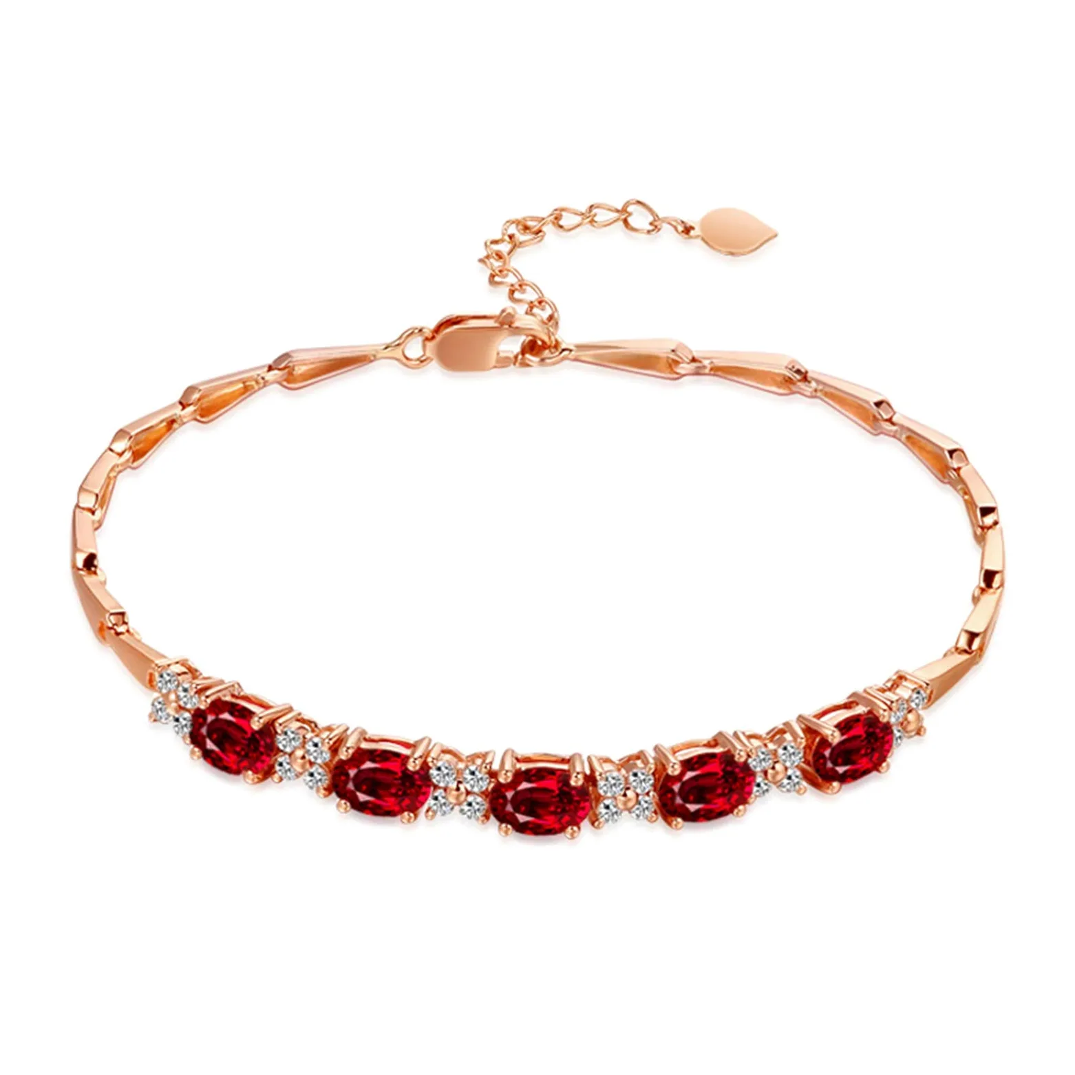 YCTTKDD Pulsera de Oro Rosa Rubí para Mujer, Pulsera de Cadena para Mujer Eslabón de Barra con Pulsera de Rubí 2.31ct 17CM