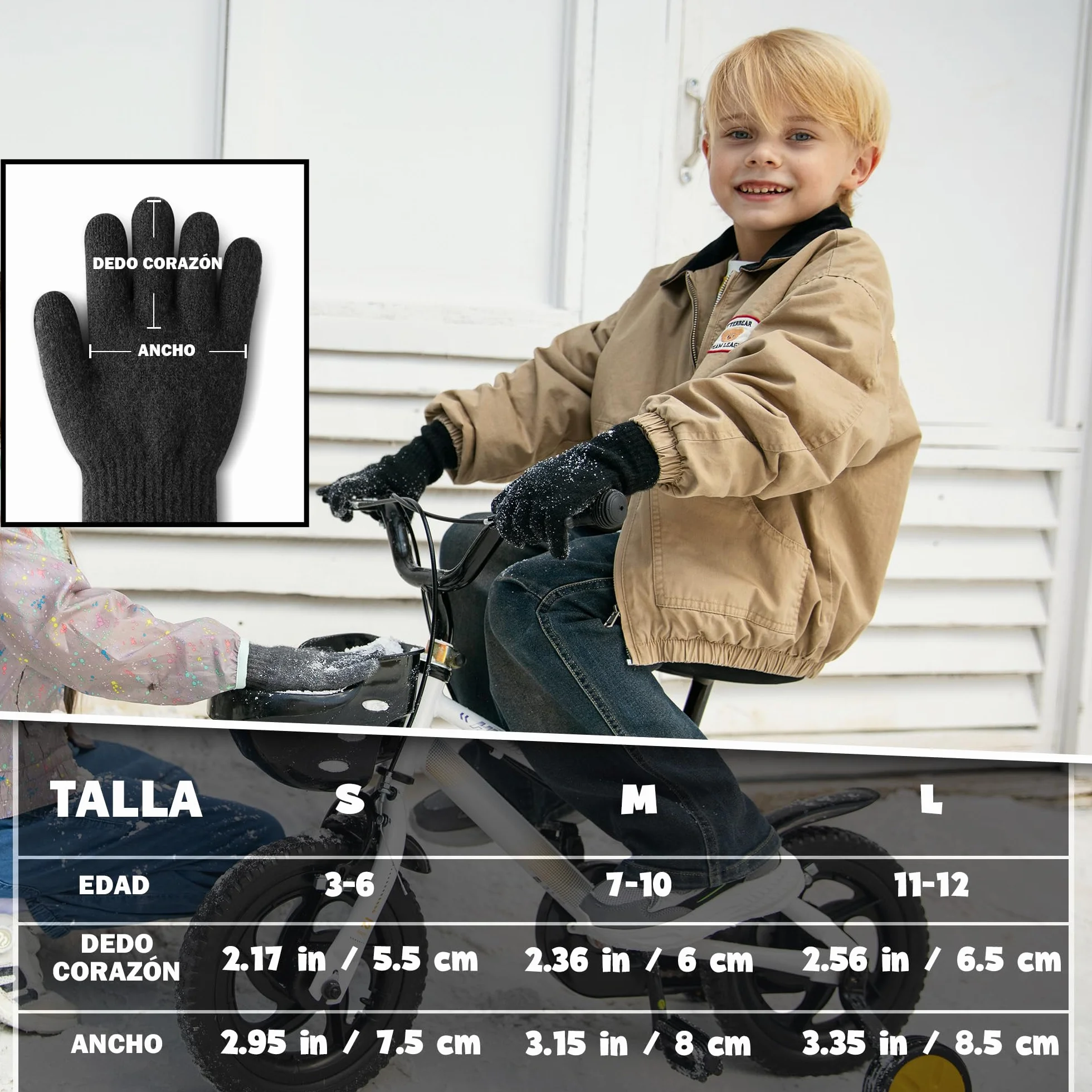 Guantes Termicos Niño Alpaca Forro Polar Invierno Doble Capa Cortaviento Punta Tactil 3-12 Anos