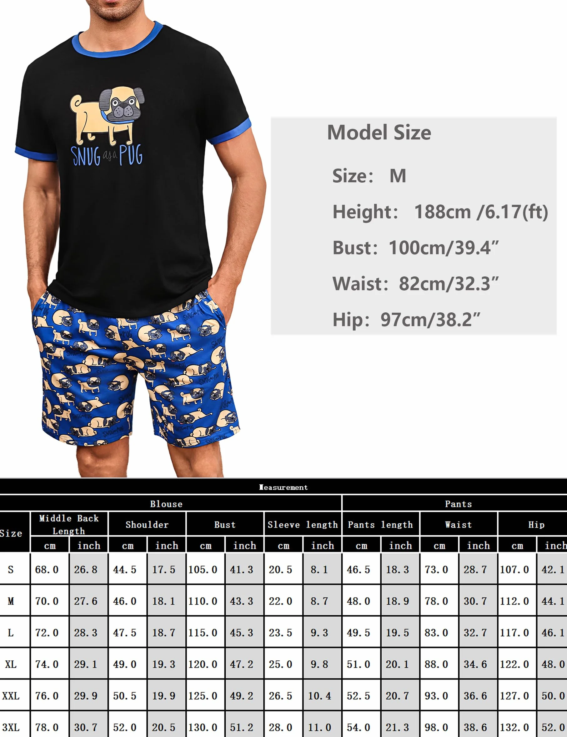 Pijama Hombre Algodón Divertido Ropa de Dormir Verano Mangas Cortas con Bolsillos