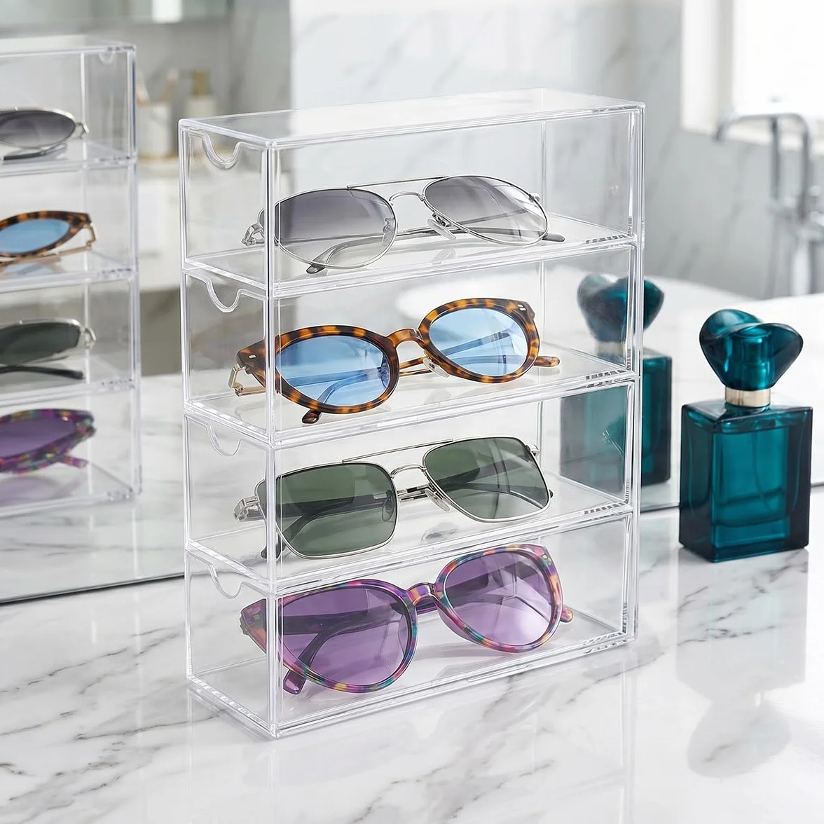 Organizador de Gafas de Sol Acrílico 24,5 x 17,5 x 6,5 cm Caja con 4 Cajones Transparente Apilable