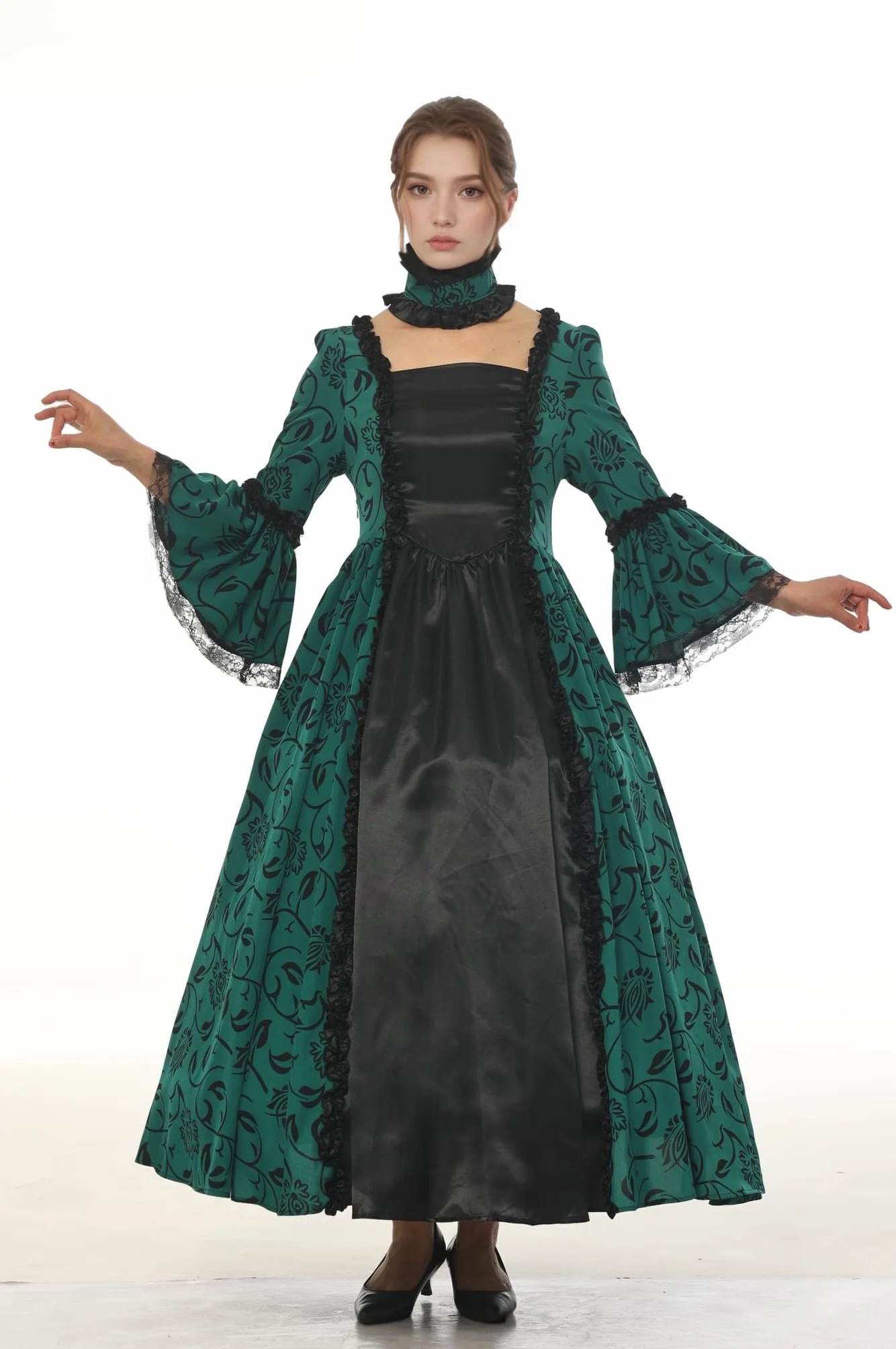 CAMDOM Vestido de Fiesta Victoriano Mujer Retro Medieval Palacio Largo Cuello Cuadrado Satén Elegante Mangas Acampanadas Disfraz Vintage Cosplay