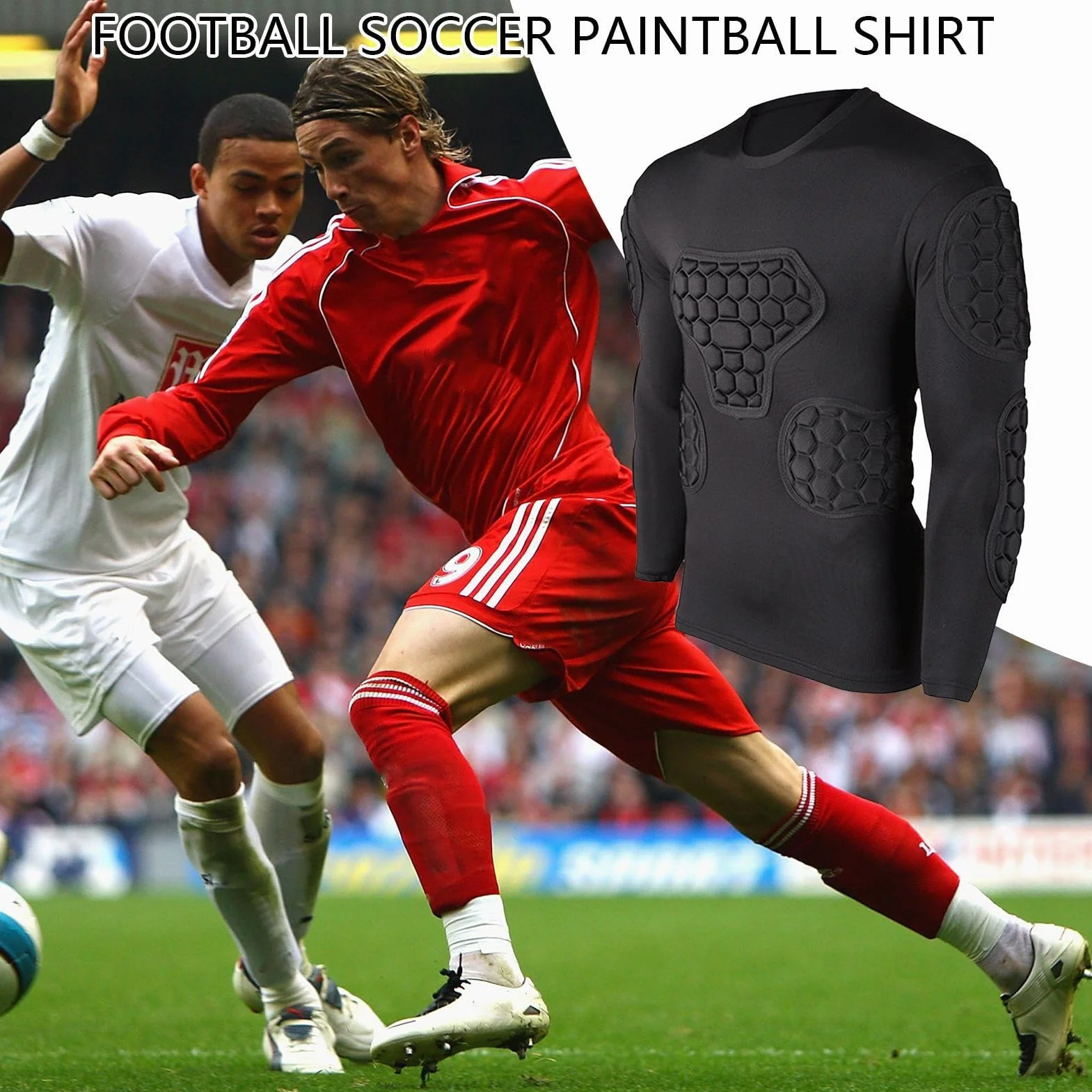 Camiseta de Portero Acolchada Manga Larga Negra para Fútbol Paintball Baloncesto