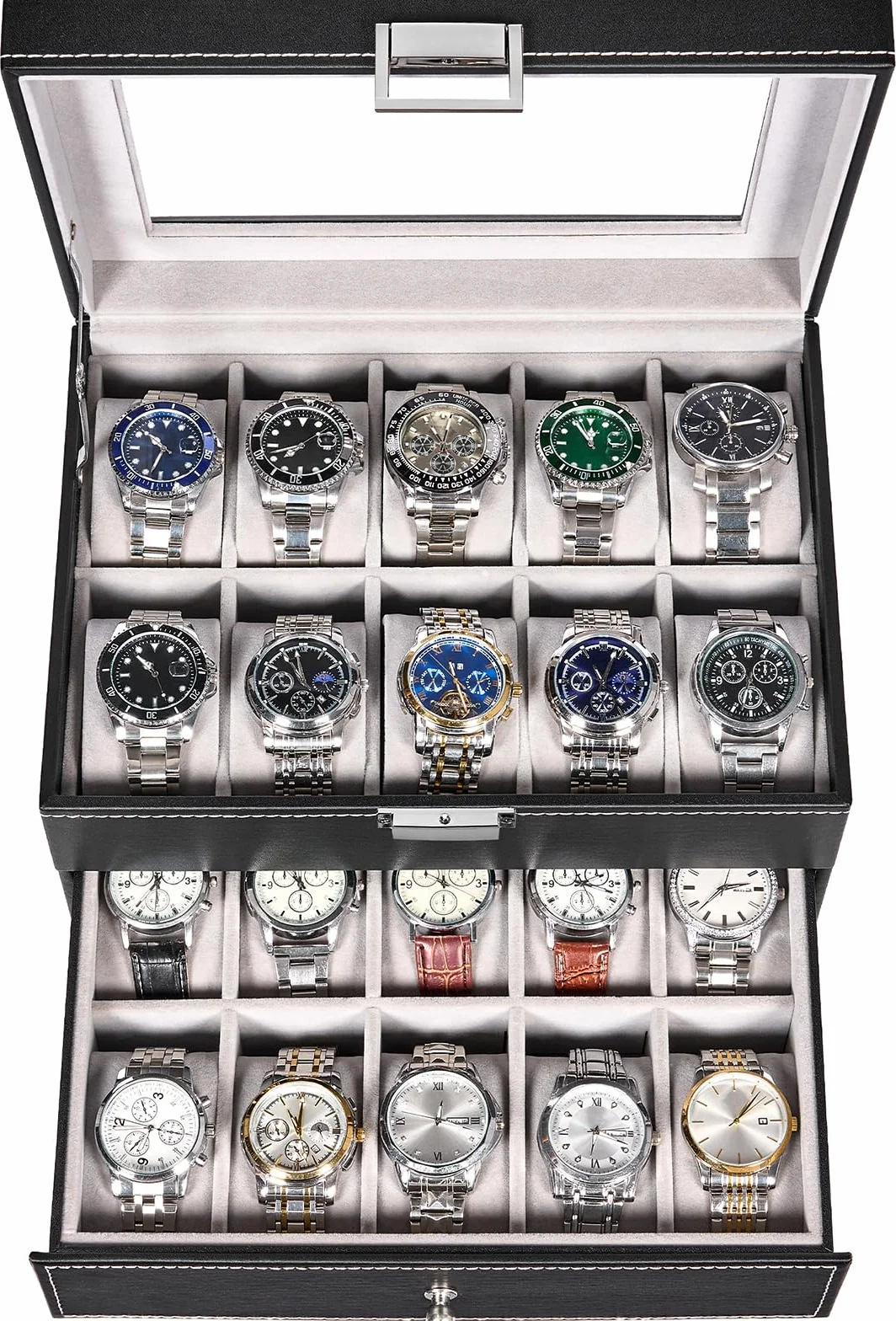BEWISHOME Caja de Relojes 20 Compartimentos Estuche Tapa Cristal Negro ESSH04B