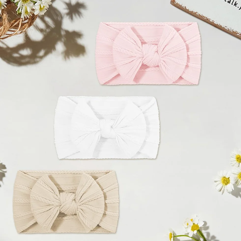 DiULi Diademas Bebé Niña 3 Colores Elástica Cintas Pelo Nylon Lactante Niño Pequeño Anchas Hairband Lazo Tela Conjunto 3pcs